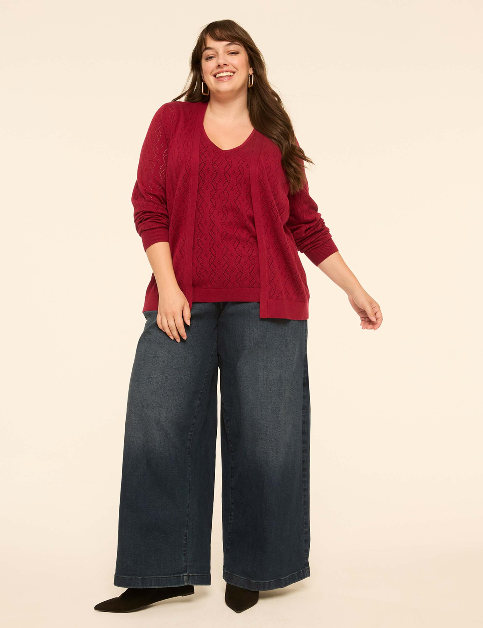 Pointelle-Stitch Open-Front Cardigan