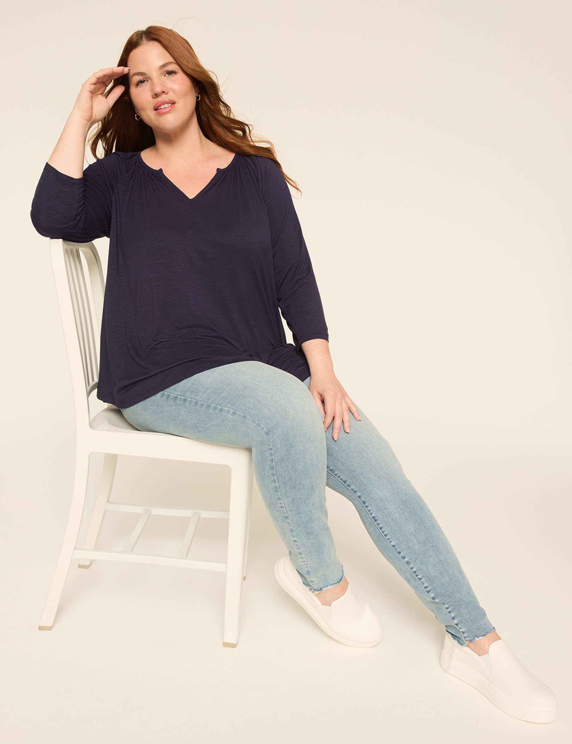 Swing 3/4-Sleeve Notch-Neck Top