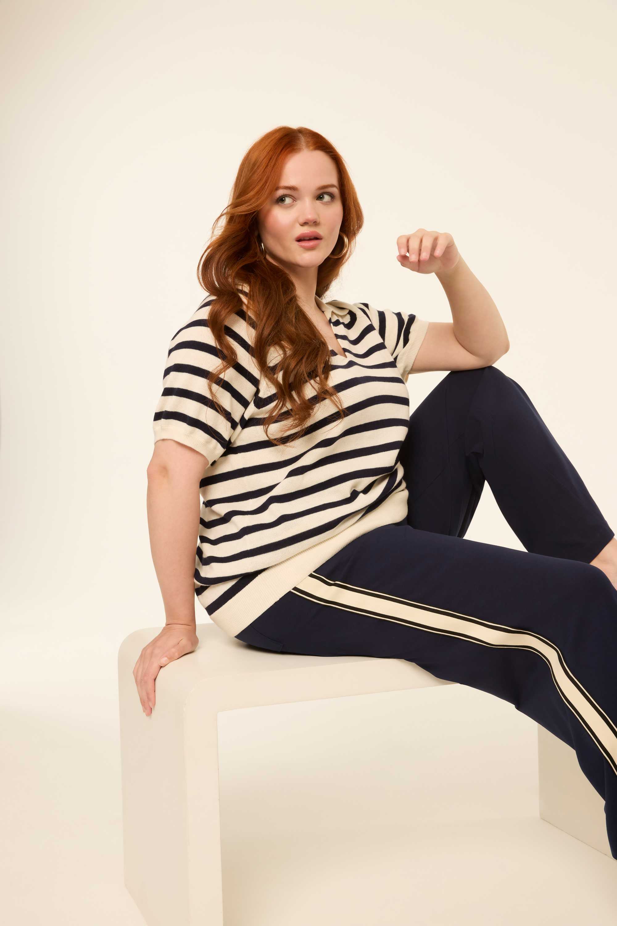 Short-Sleeve Striped Polo Pullover Sweater