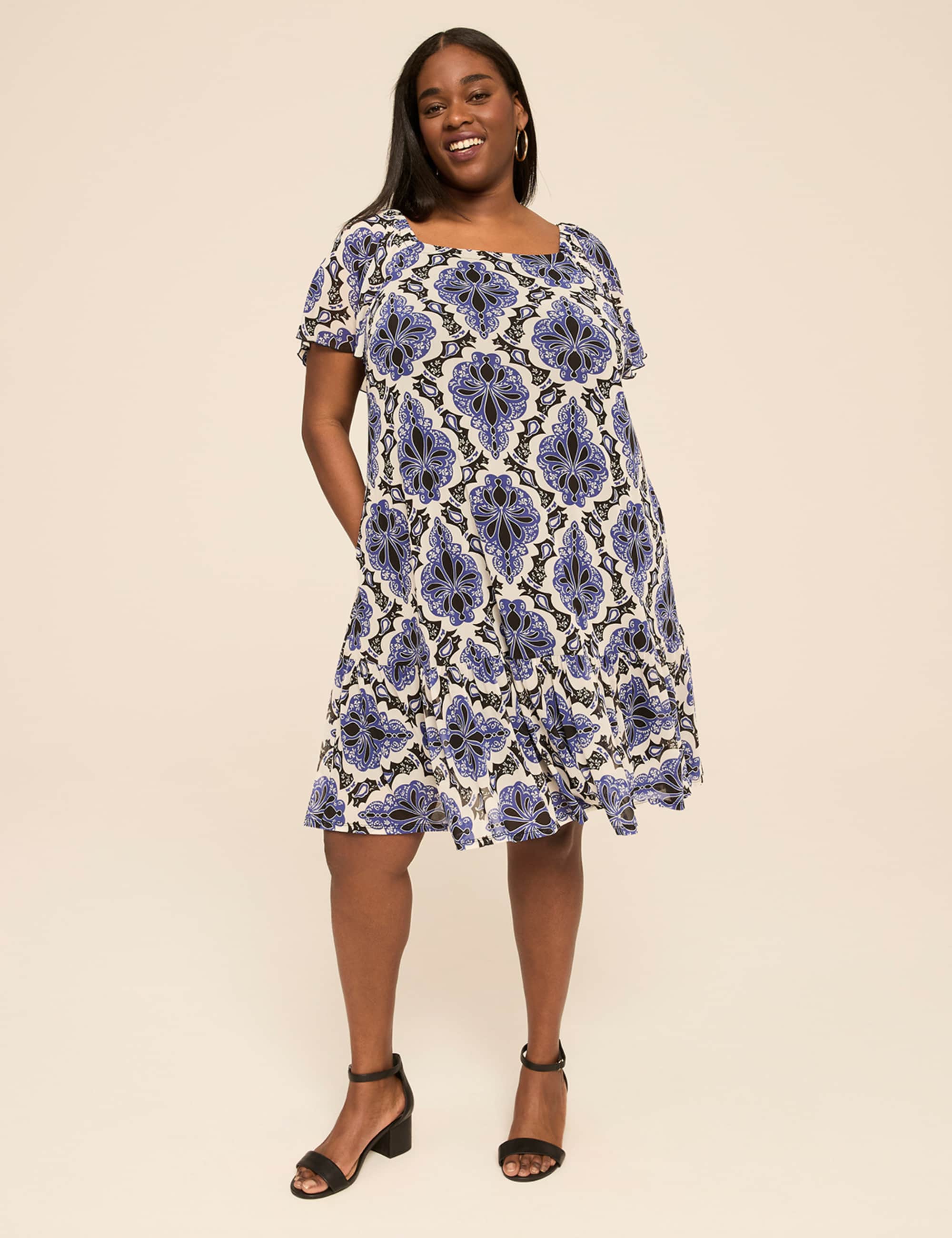 Flutter-Sleeve Open-Neck Swing Dress