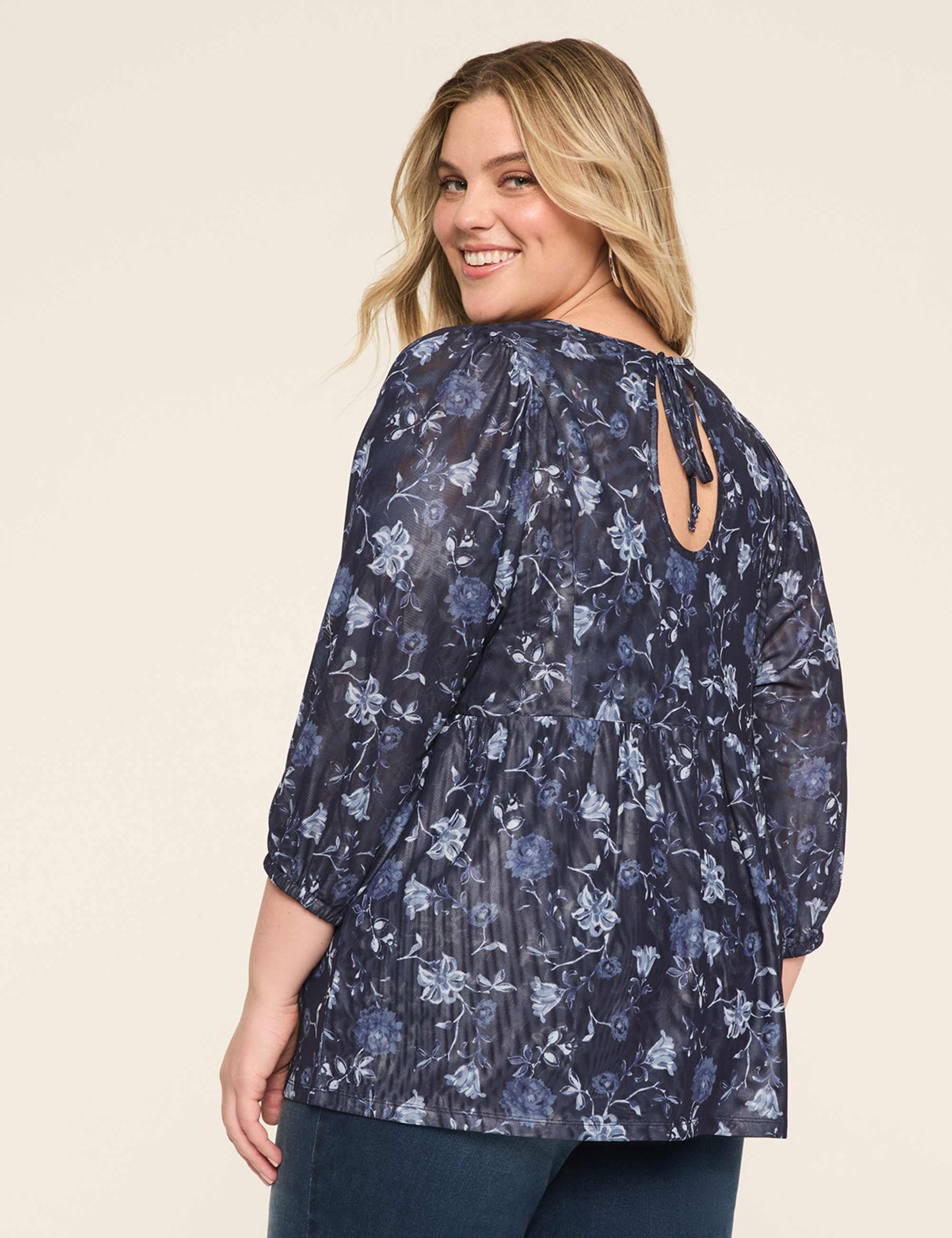 Mesh 3/4-Sleeve Tie-Back Top