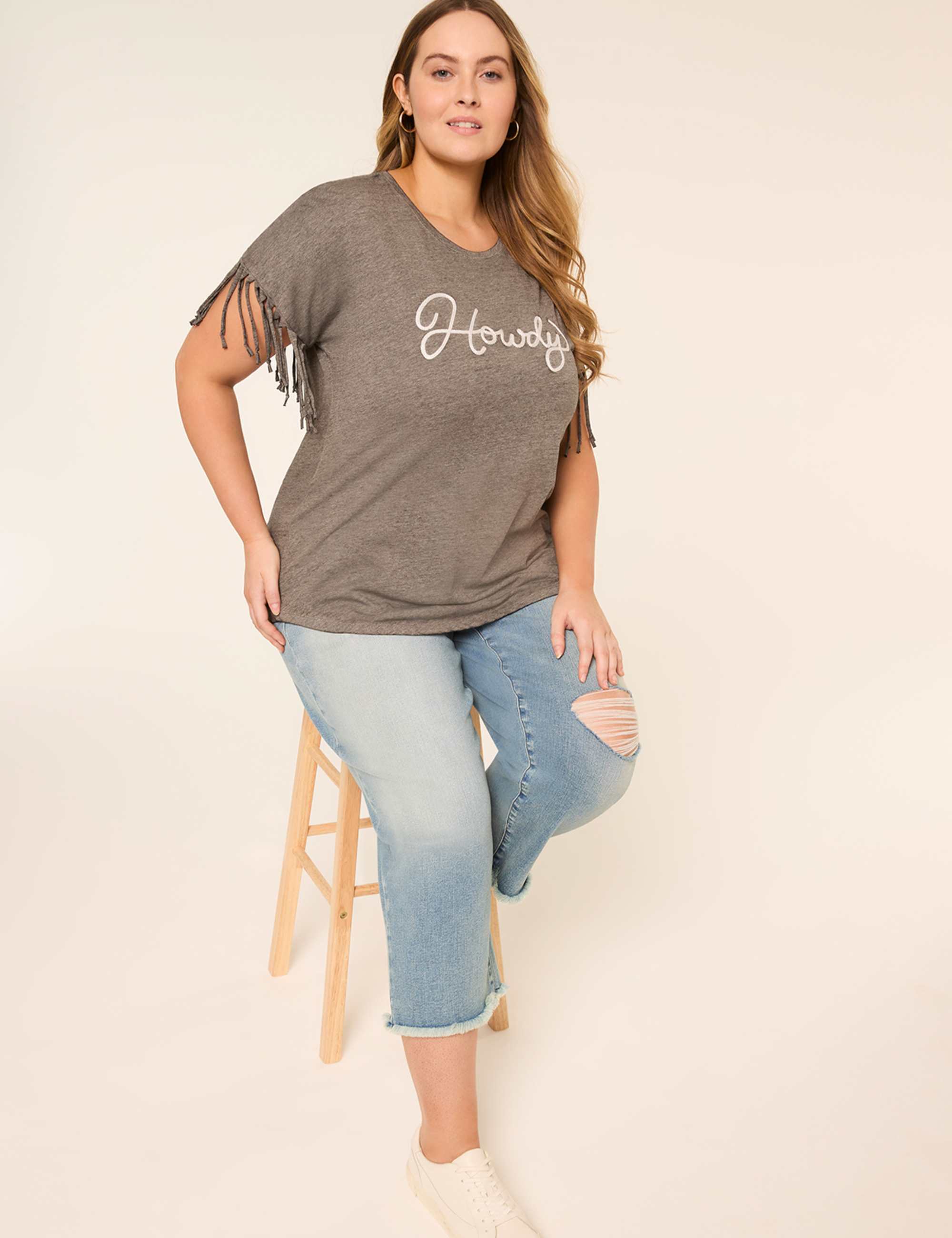 Fringed Dolman-Sleeve Howdy Graphic Tee