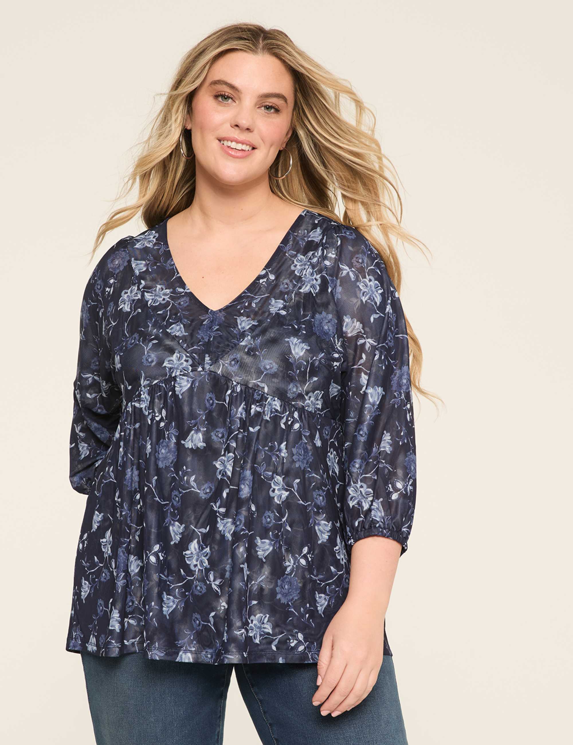 Mesh 3/4-Sleeve Tie-Back Top