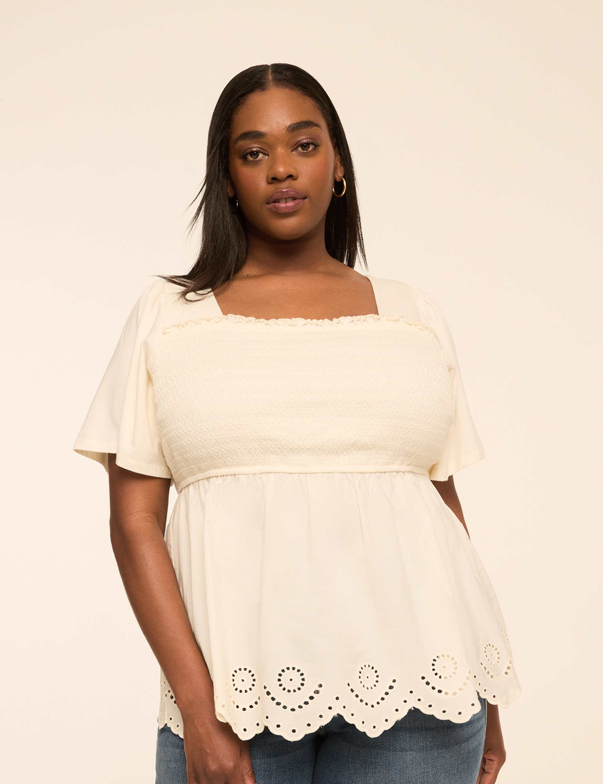 Smocked-Bodice Eyelet-Hem Peplum Top