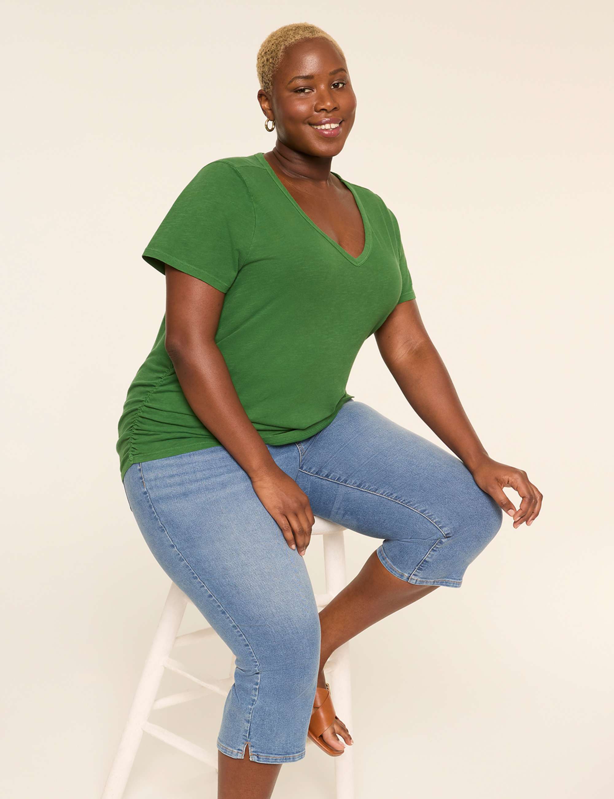 Short-Sleeve V-Neck Side-Ruched Tee