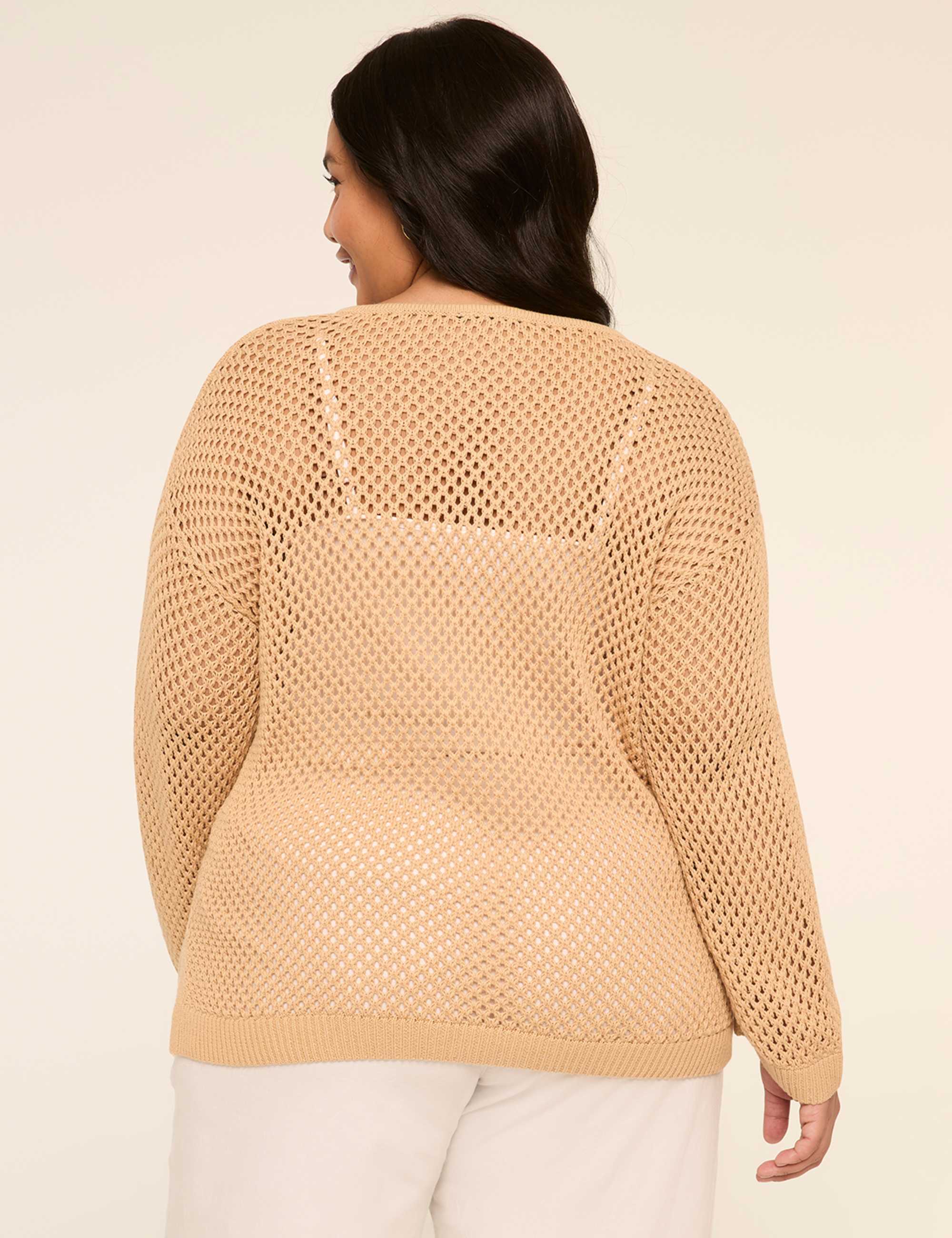 Tassel-Tie Open-Stitch Sweater Tunic