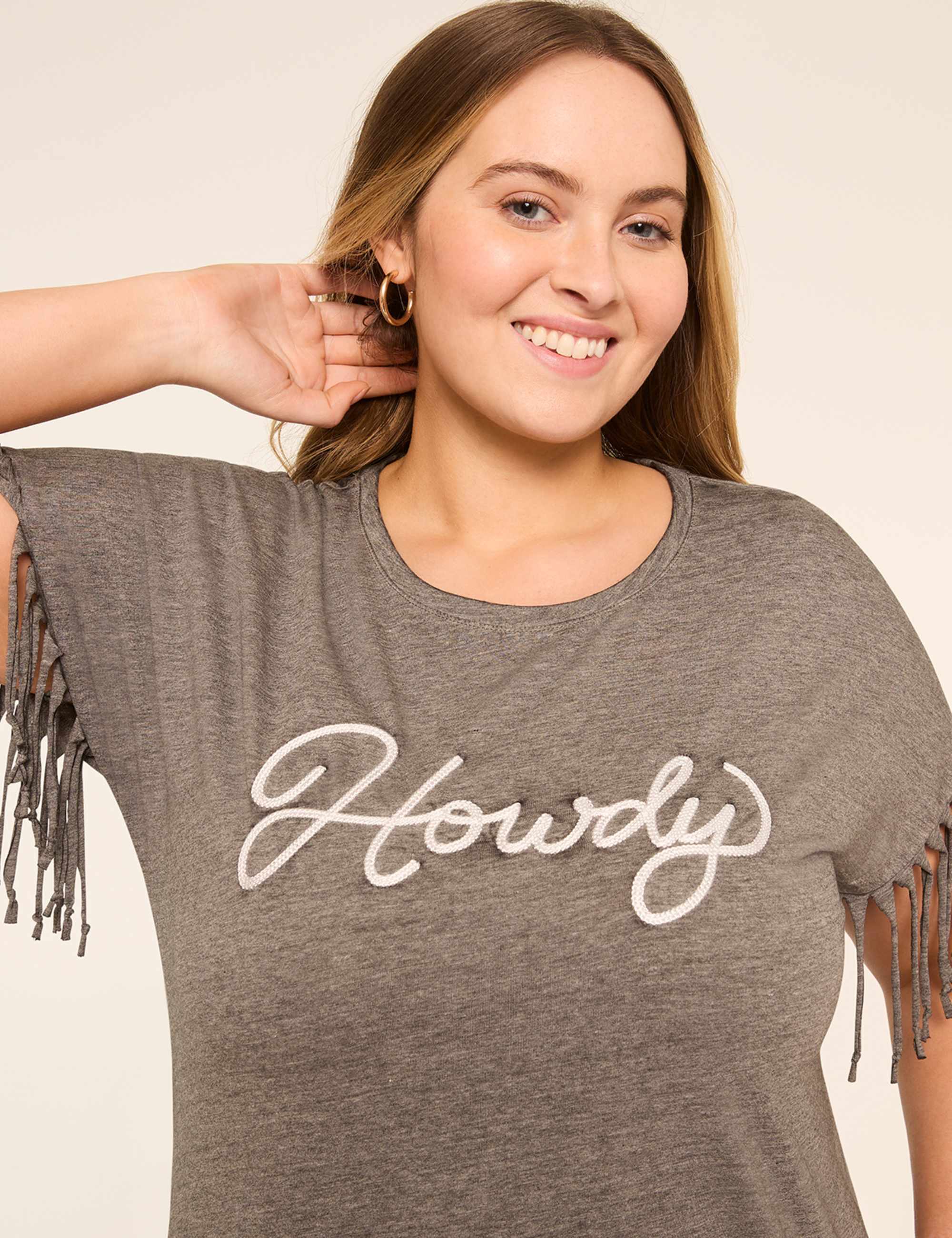 Fringed Dolman-Sleeve Howdy Graphic Tee
