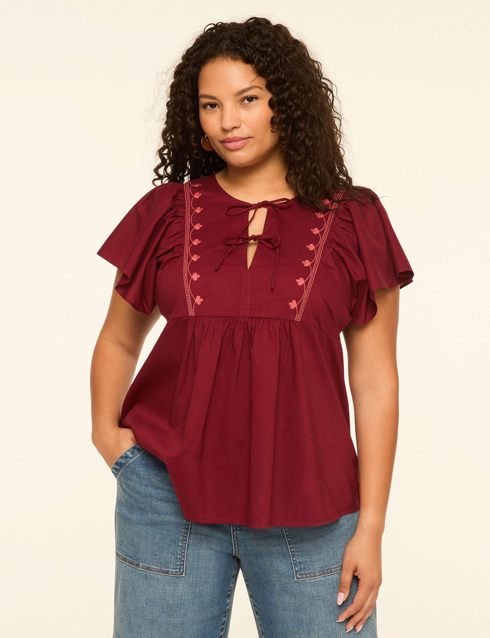 Embroidered Flutter-Sleeve Tie-Front Popover Blouse
