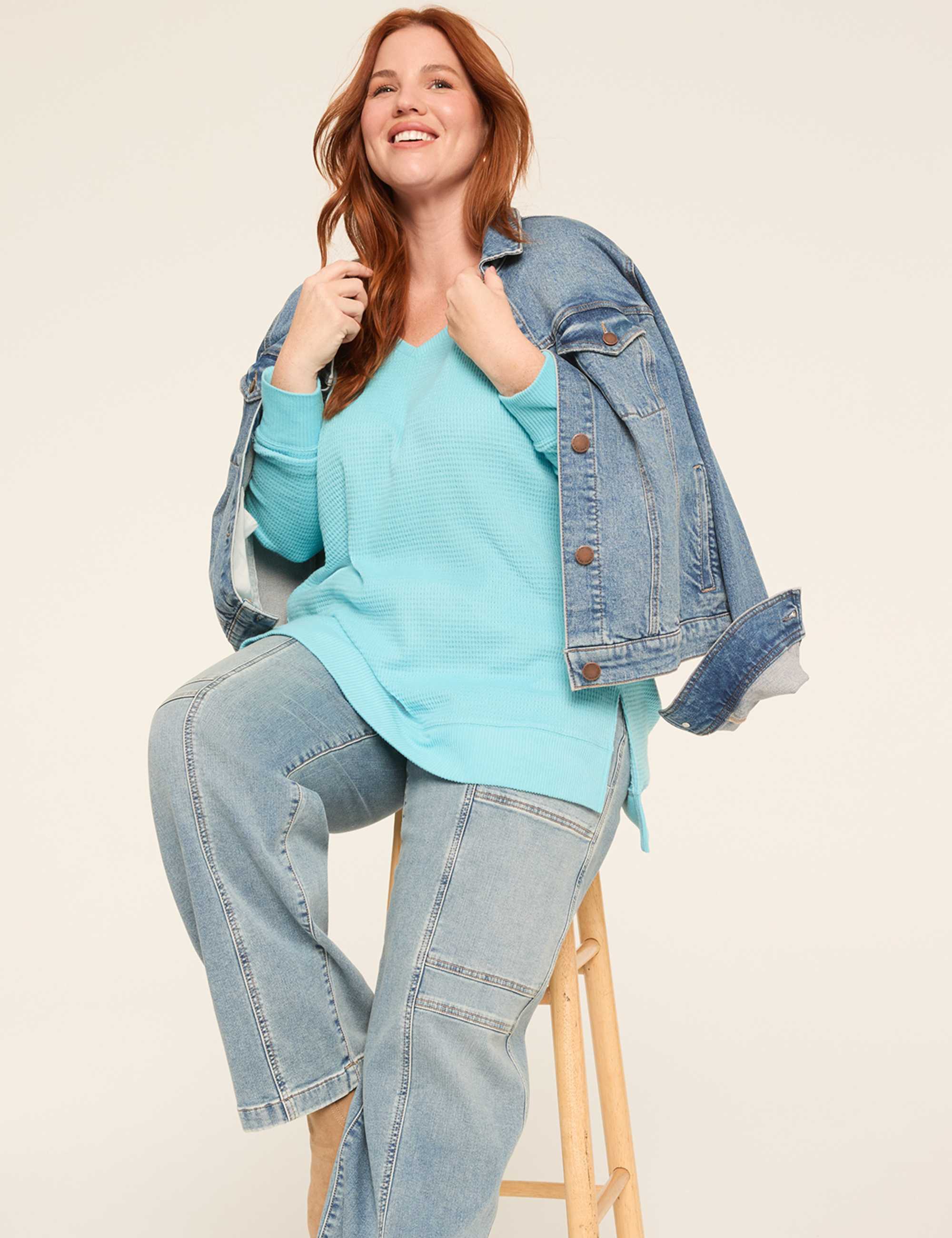 Long-Sleeve V-Neck Waffle Knit Top