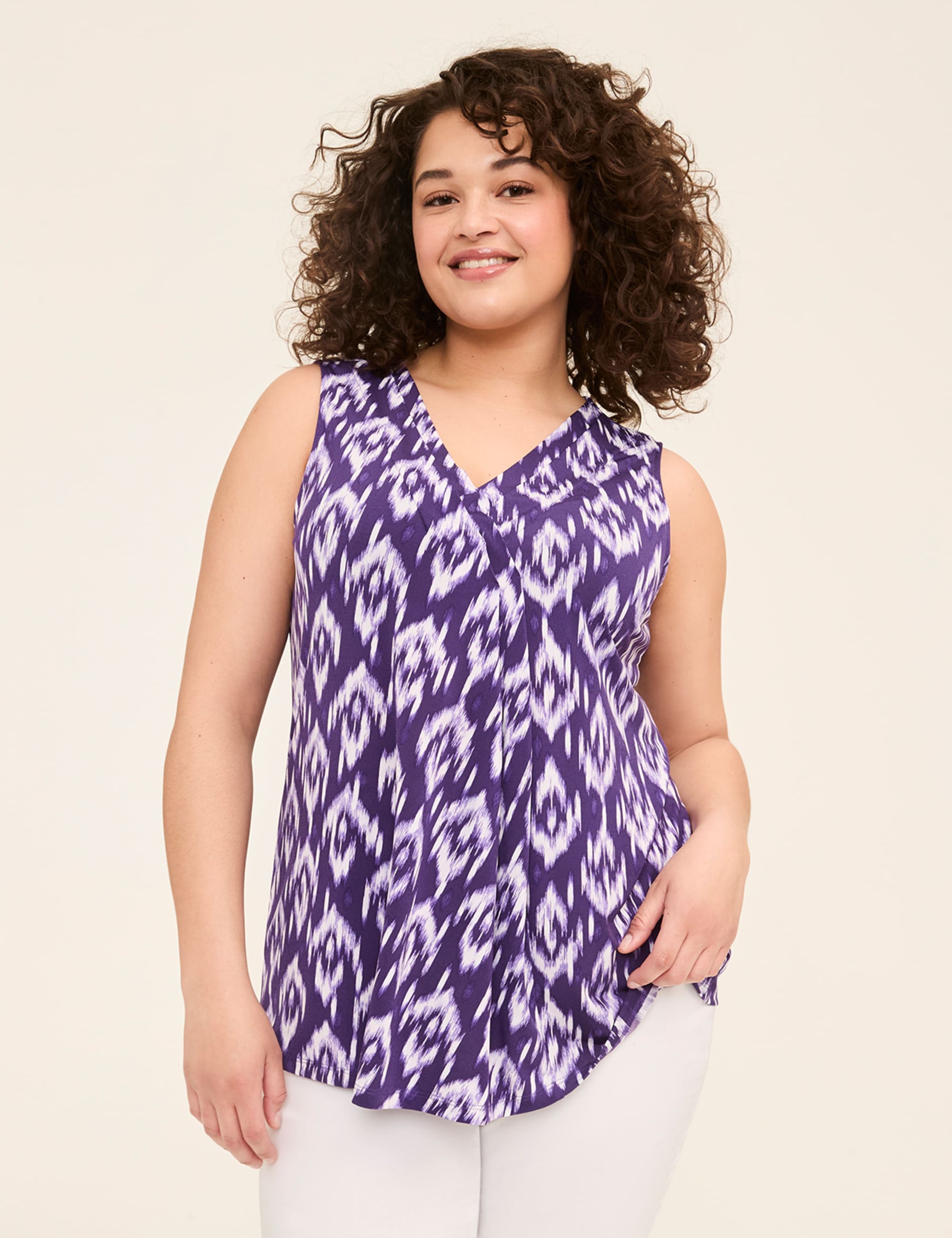 Swing Sleeveless Pleat-Front Top