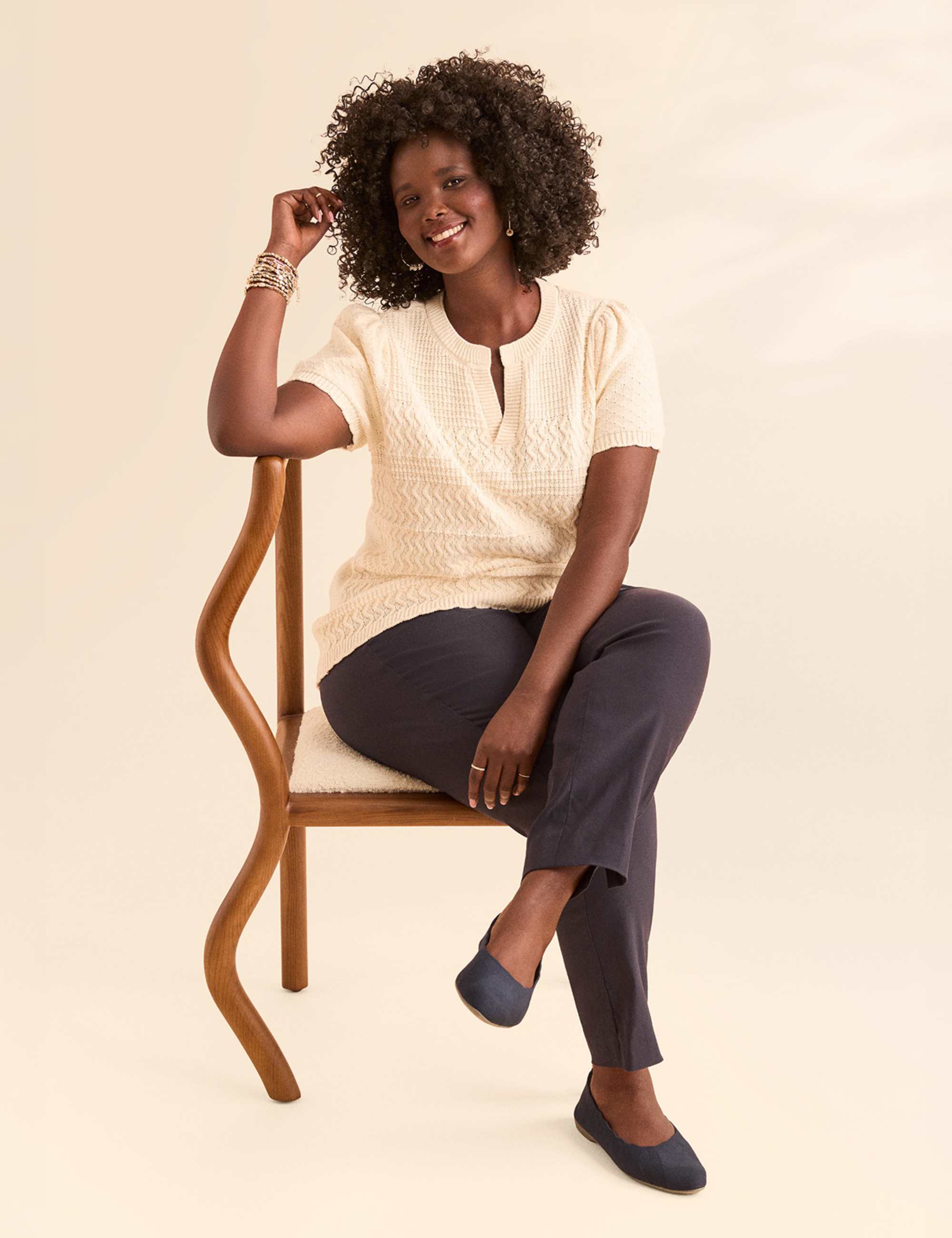 Short-Sleeve Notch-Neck Pointelle-Stitch Sweater