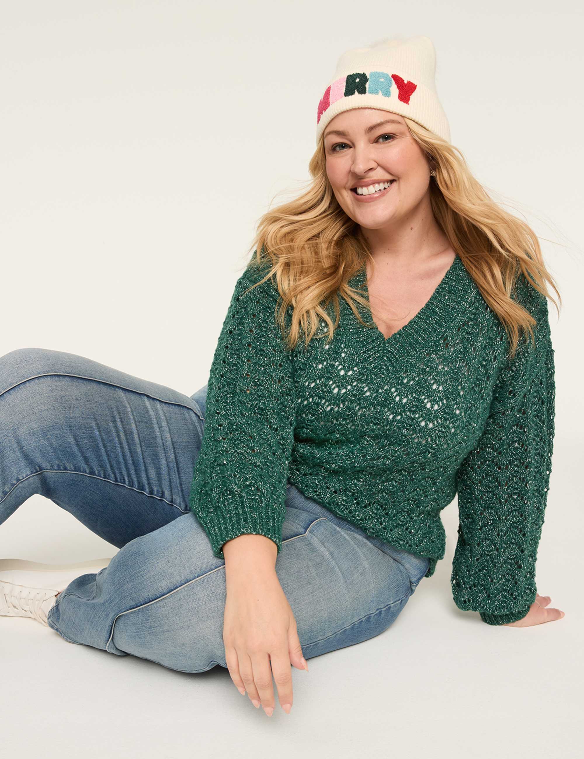 Relaxed Sequin V-Neck Stitch Pullover Sweater