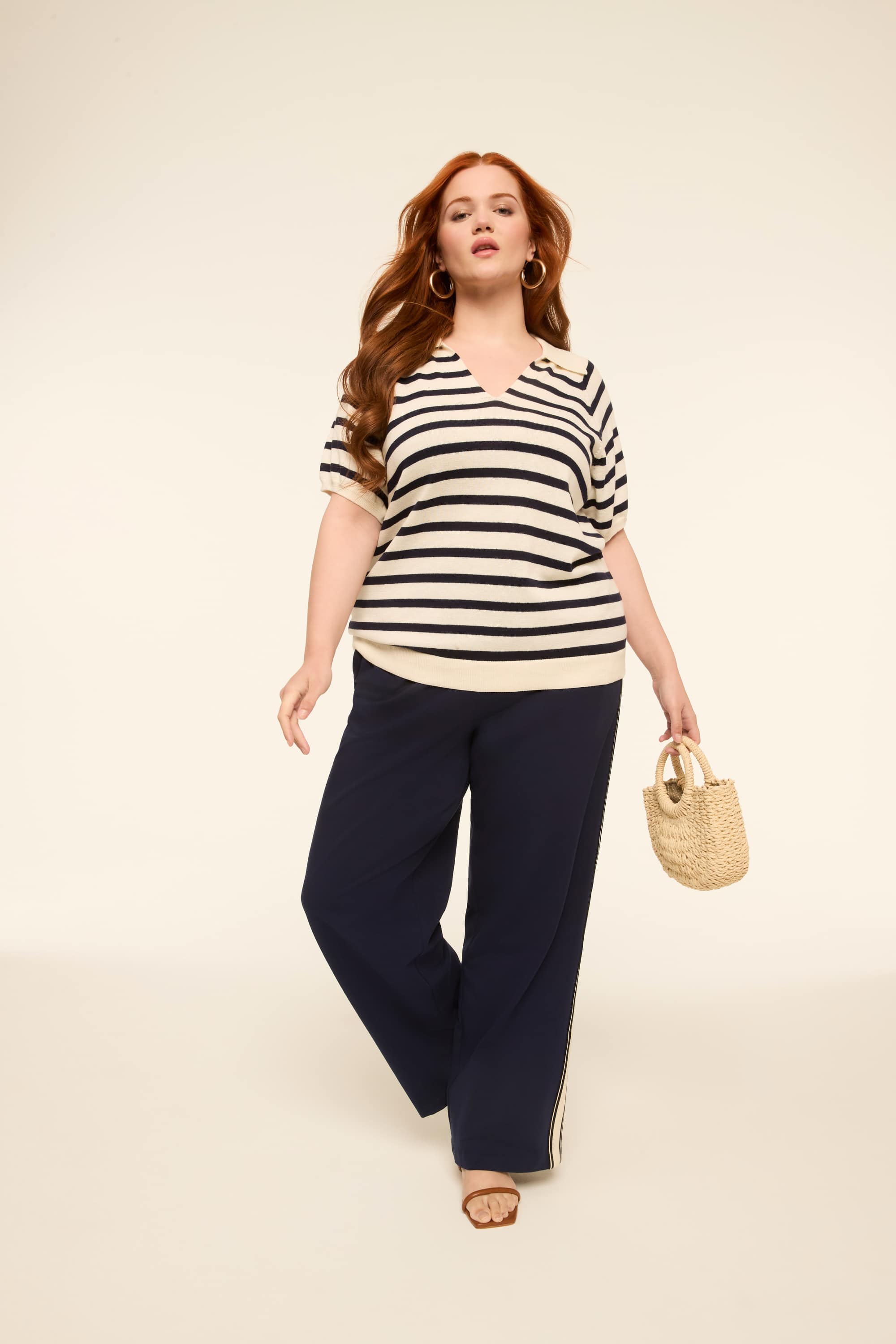 Short-Sleeve Striped Polo Pullover Sweater