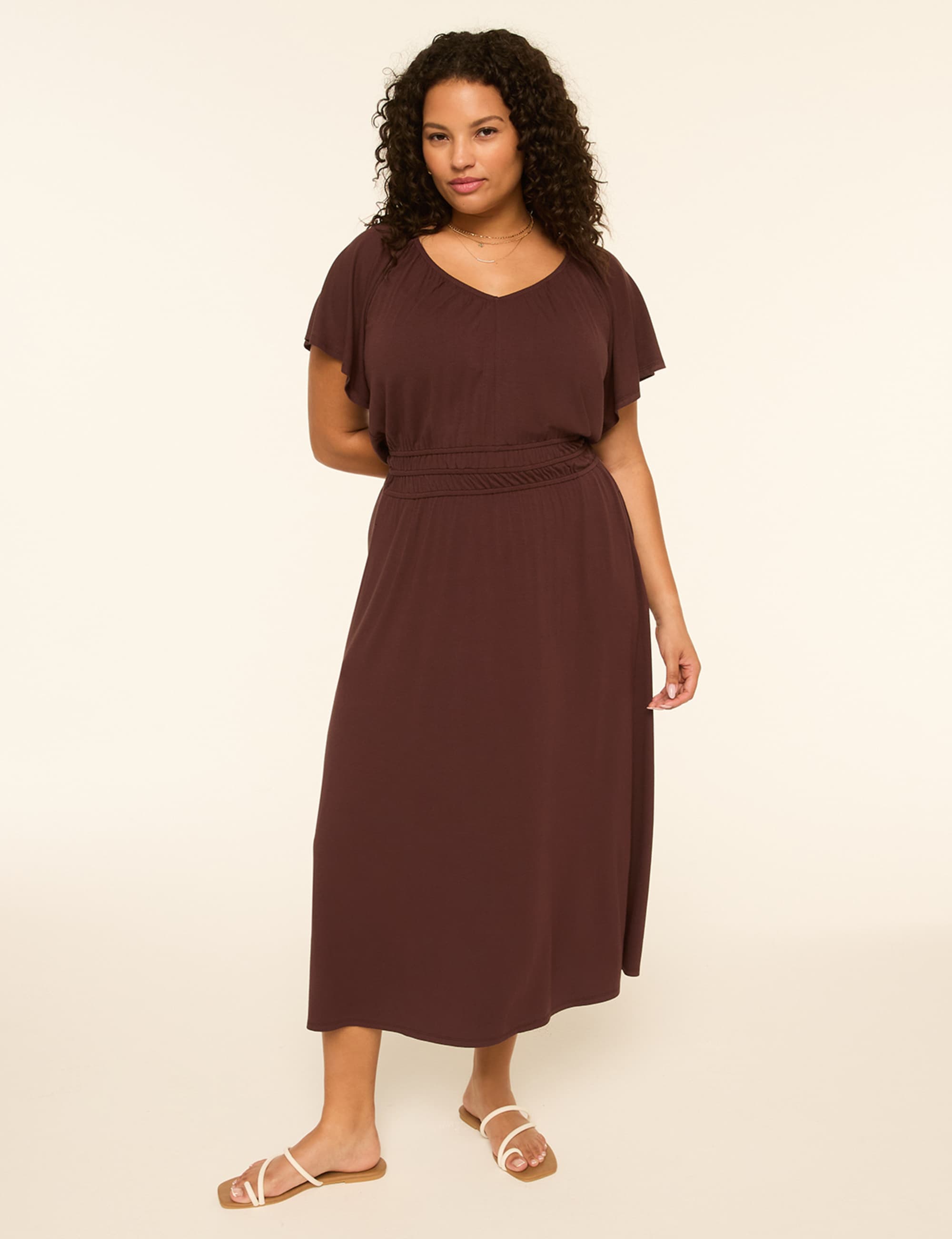 Flutter-Sleeve Smocked-Waist Midi Dress