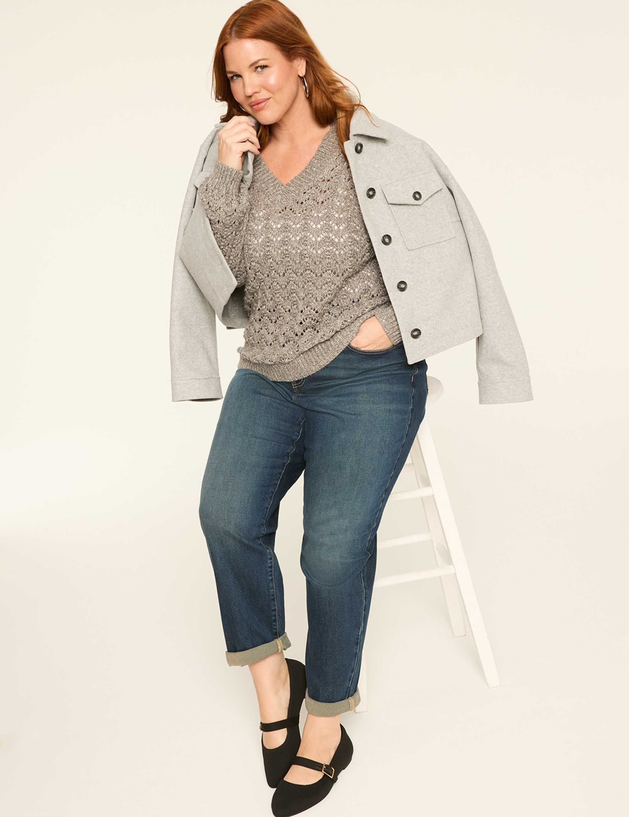 Relaxed Sequin V-Neck Stitch Pullover Sweater