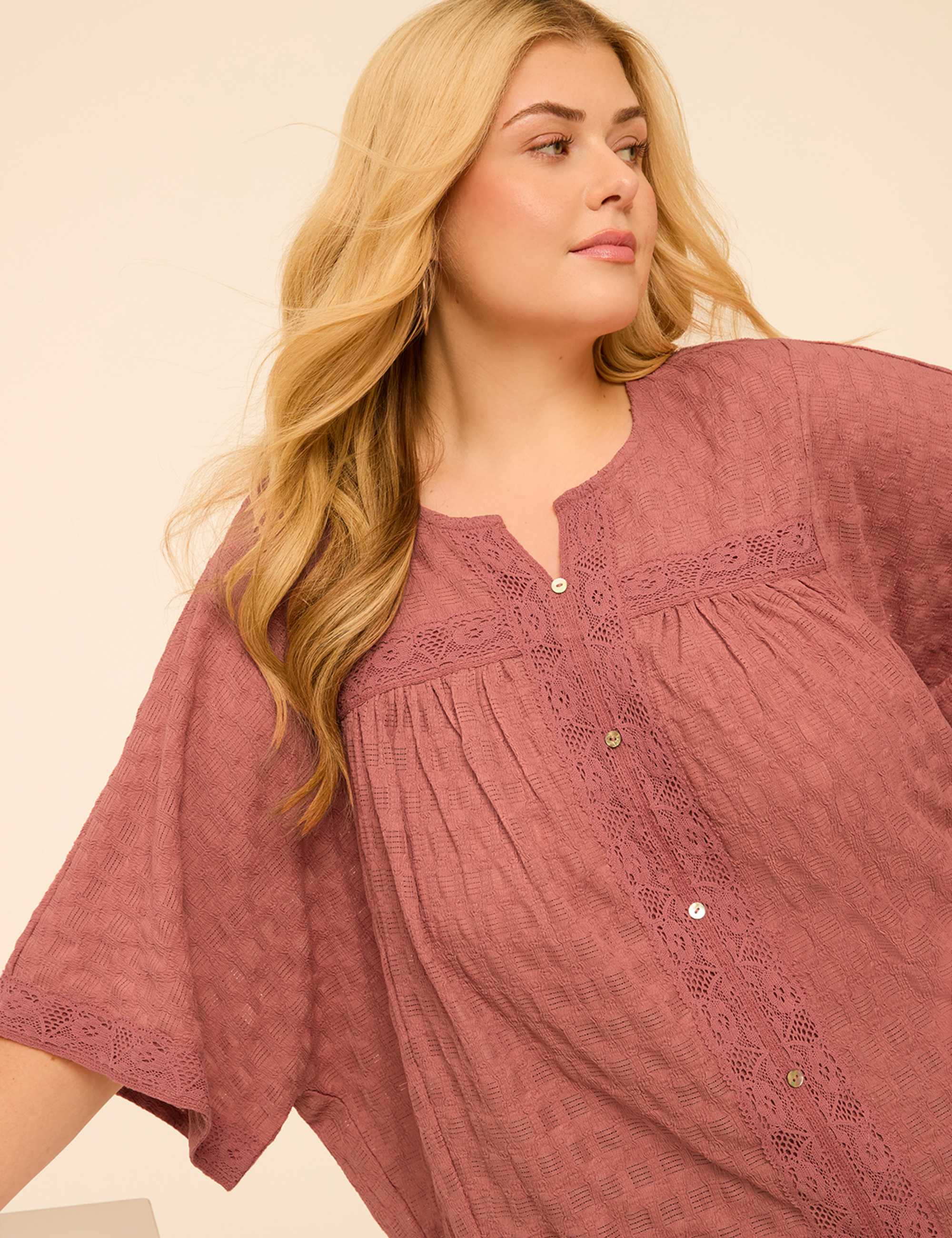 Button-Front Lace-Trim Top