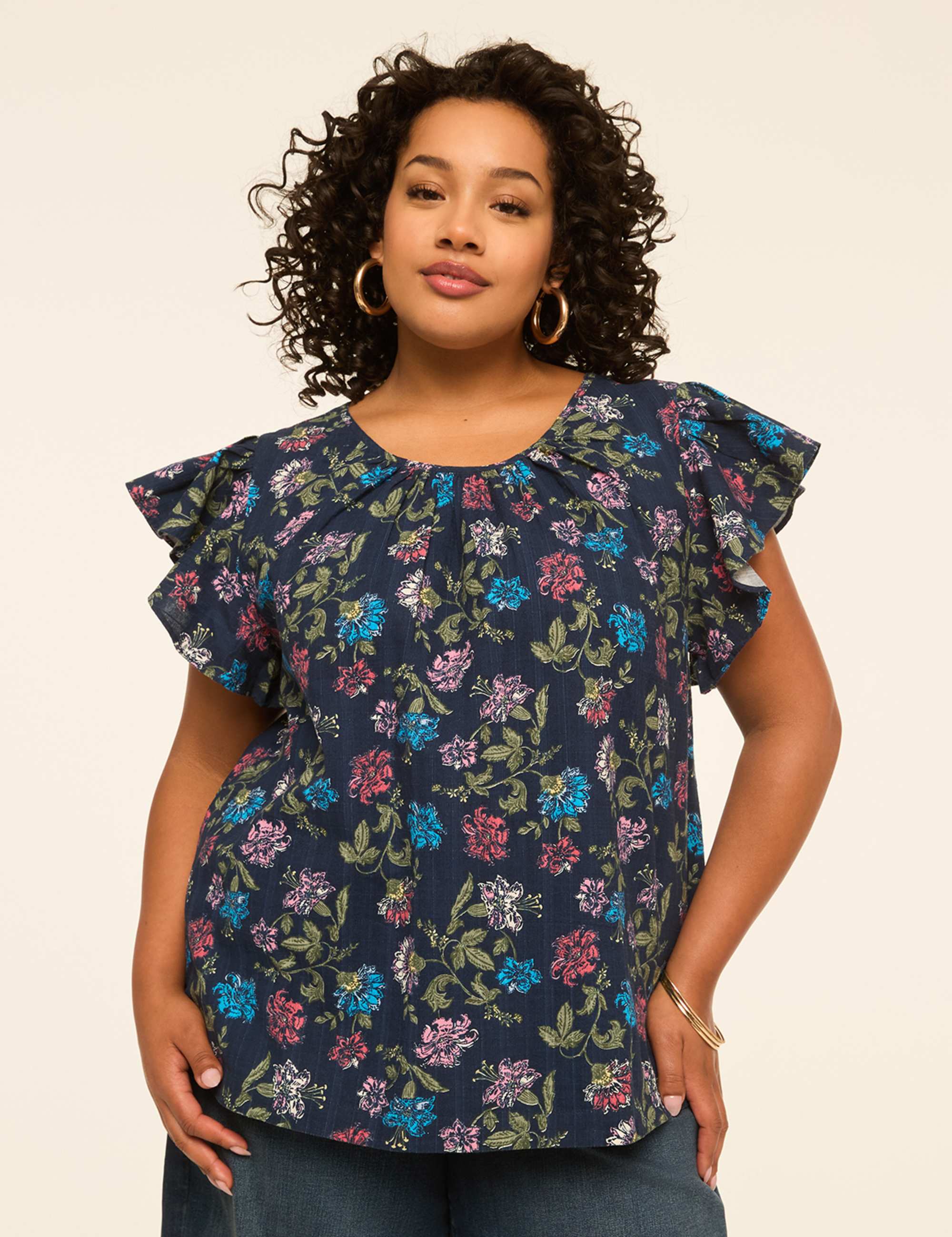Flutter-Sleeve Scoop-Neck Popover Blouse