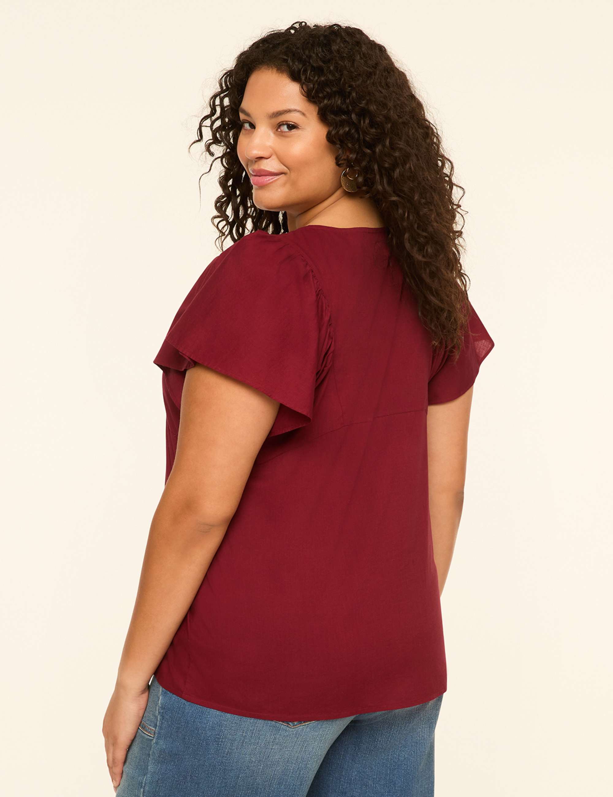 Embroidered Flutter-Sleeve Tie-Front Popover Blouse