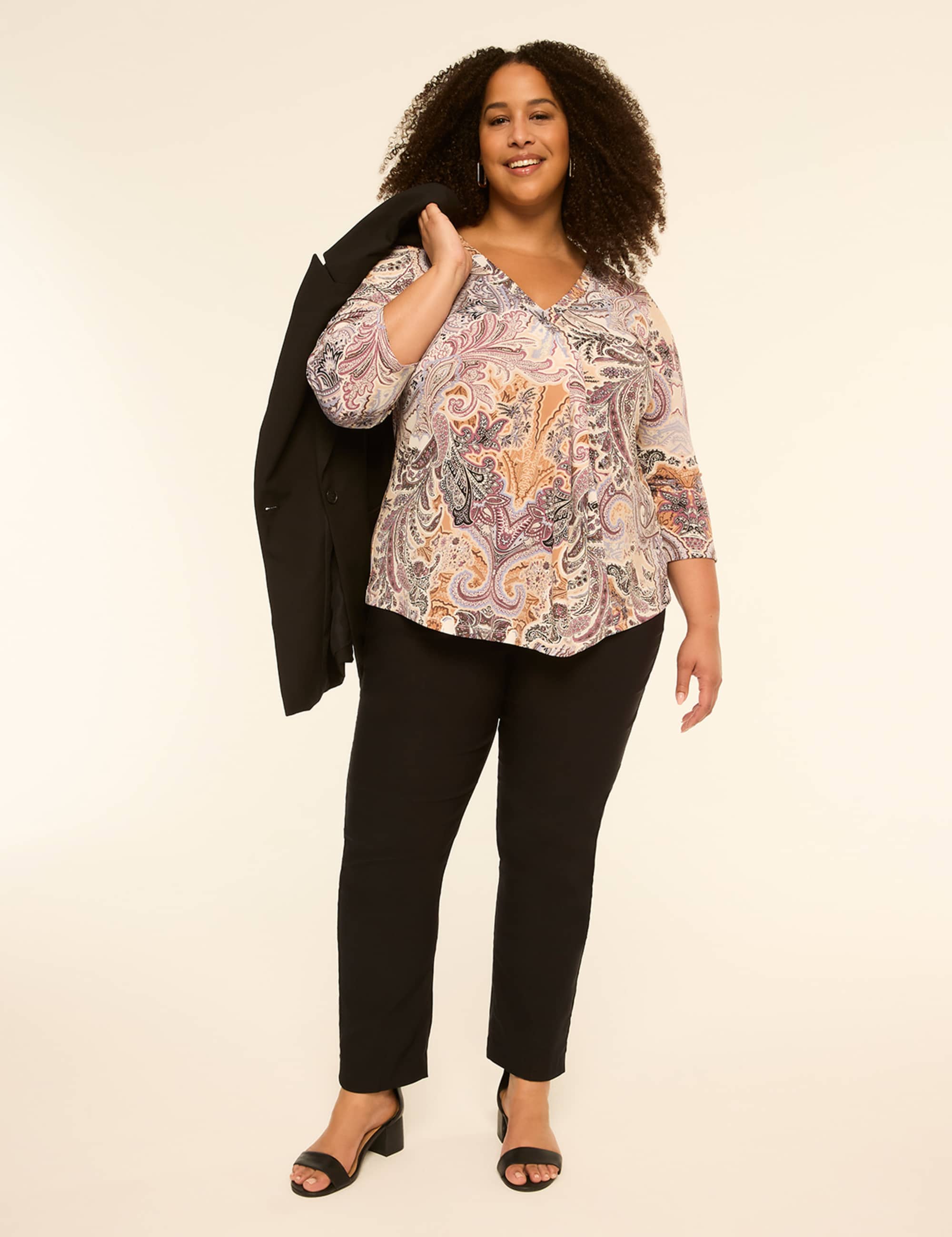 Swing 3/4-Sleeve Pleat-Front Top