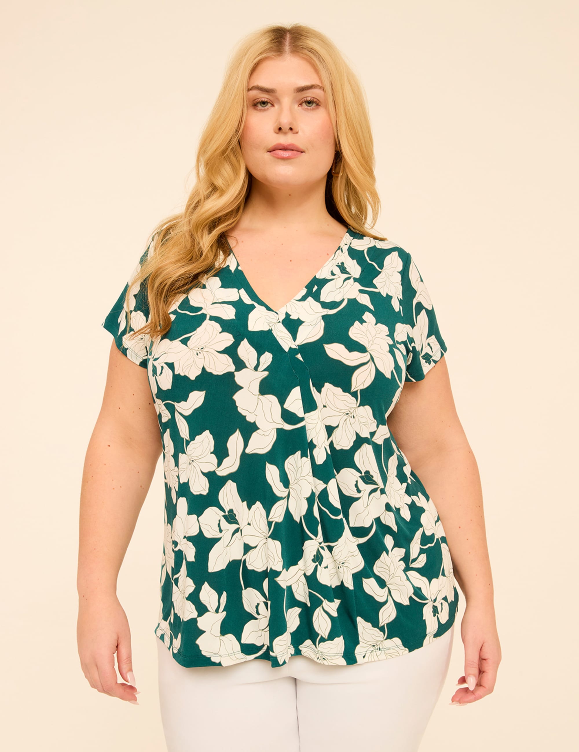 Swing Cap-Sleeve Pleat-Front Top