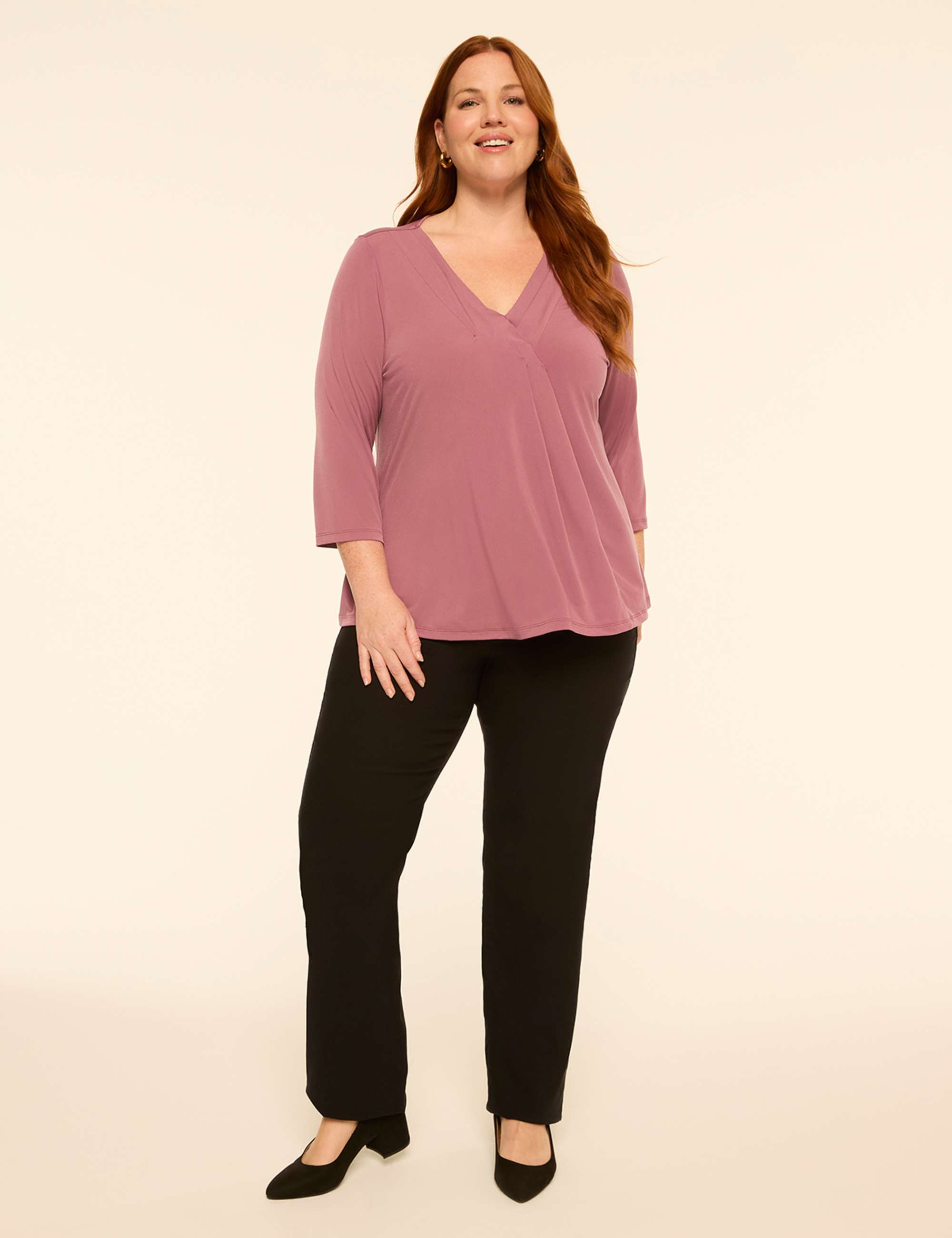 Swing 3/4-Sleeve Pleat-Front Top