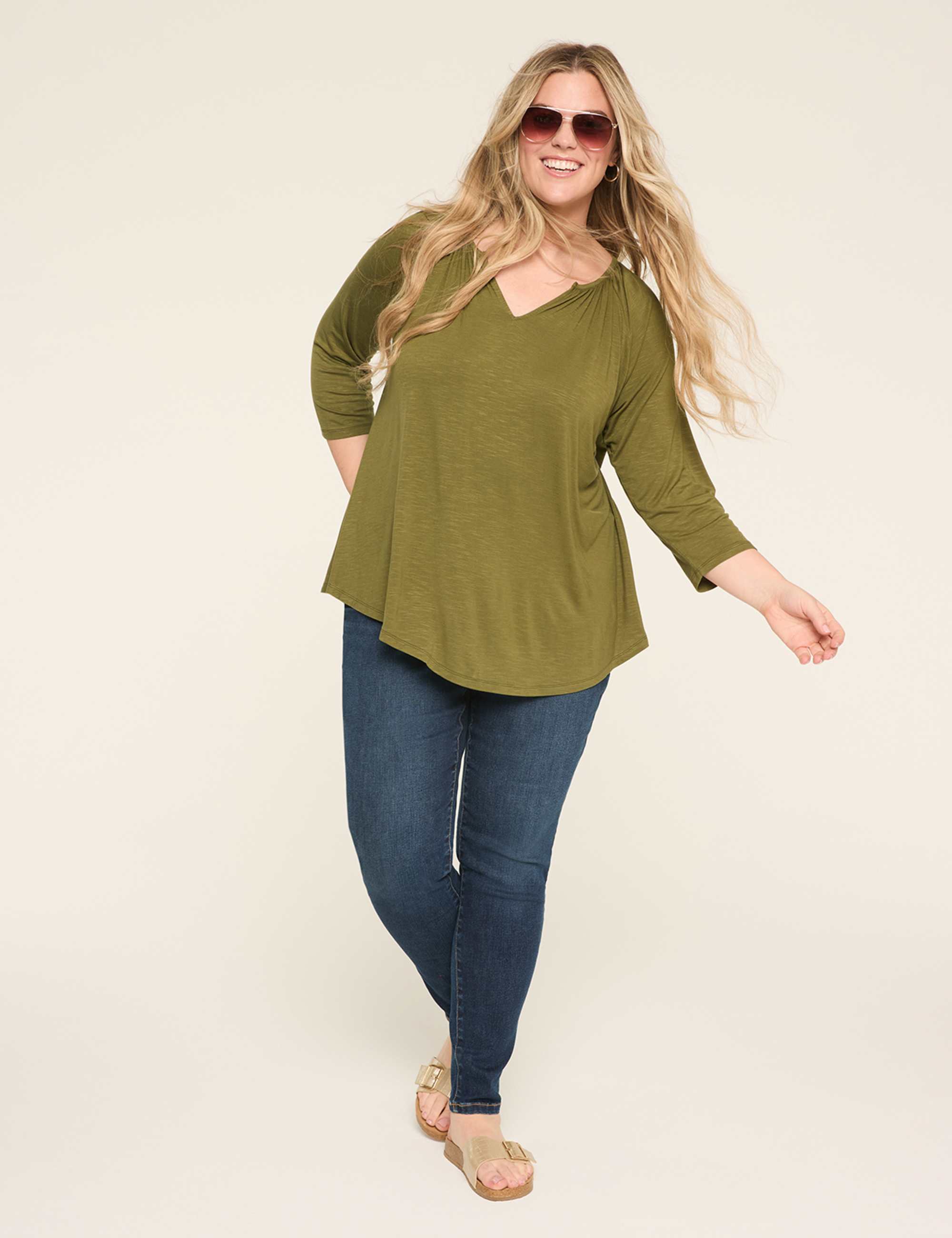 Swing 3/4-Sleeve Notch-Neck Top