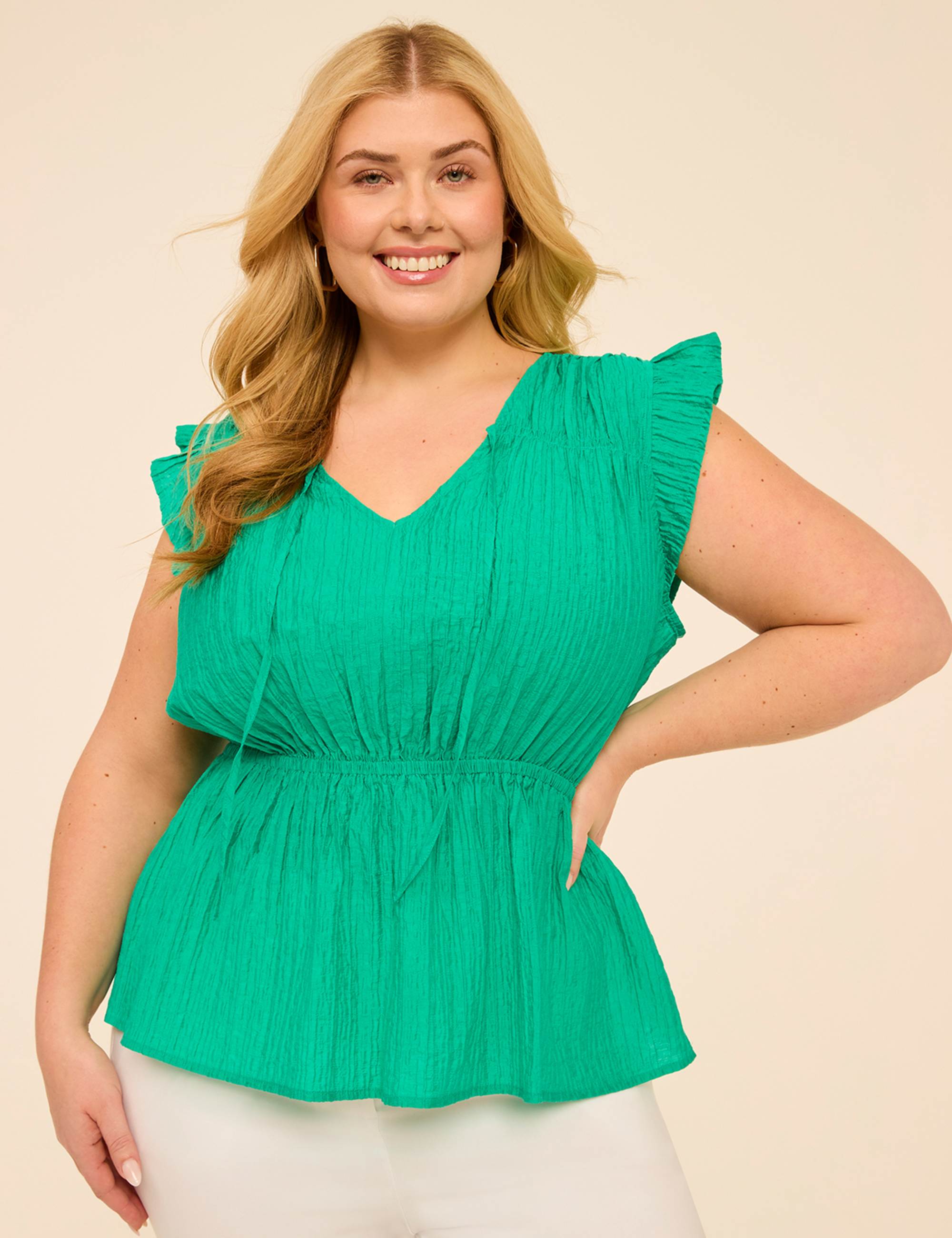 Ruffle-Sleeve Tie-Neck Peplum Top
