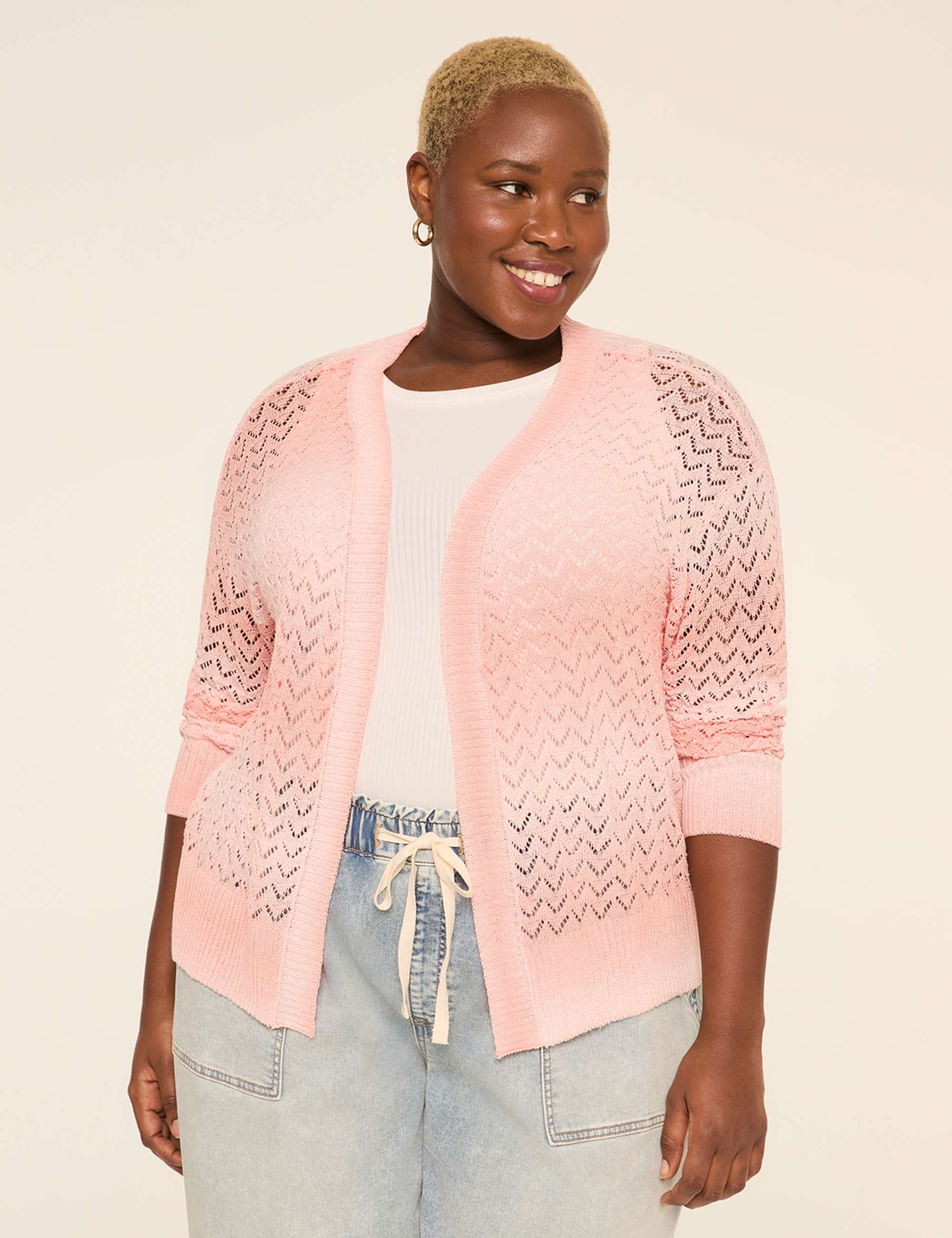 Pointelle-Stitched Open-Front Cardigan