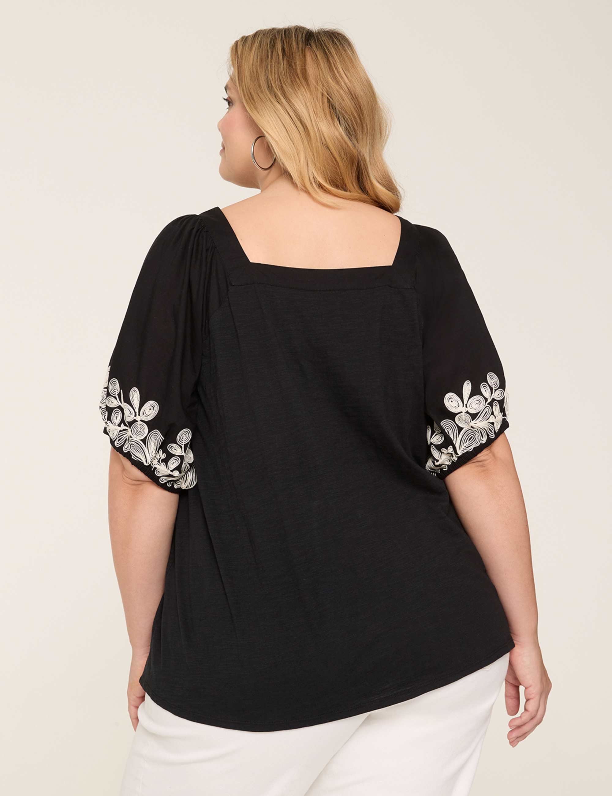 Embroidered Puff-Sleeve Square-Neck Top