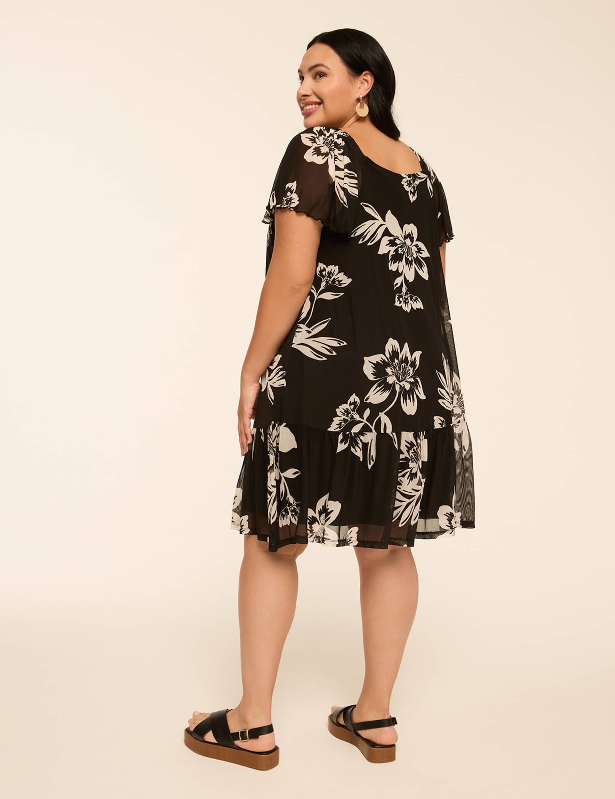 Flutter-Sleeve Open-Neck Swing Dress