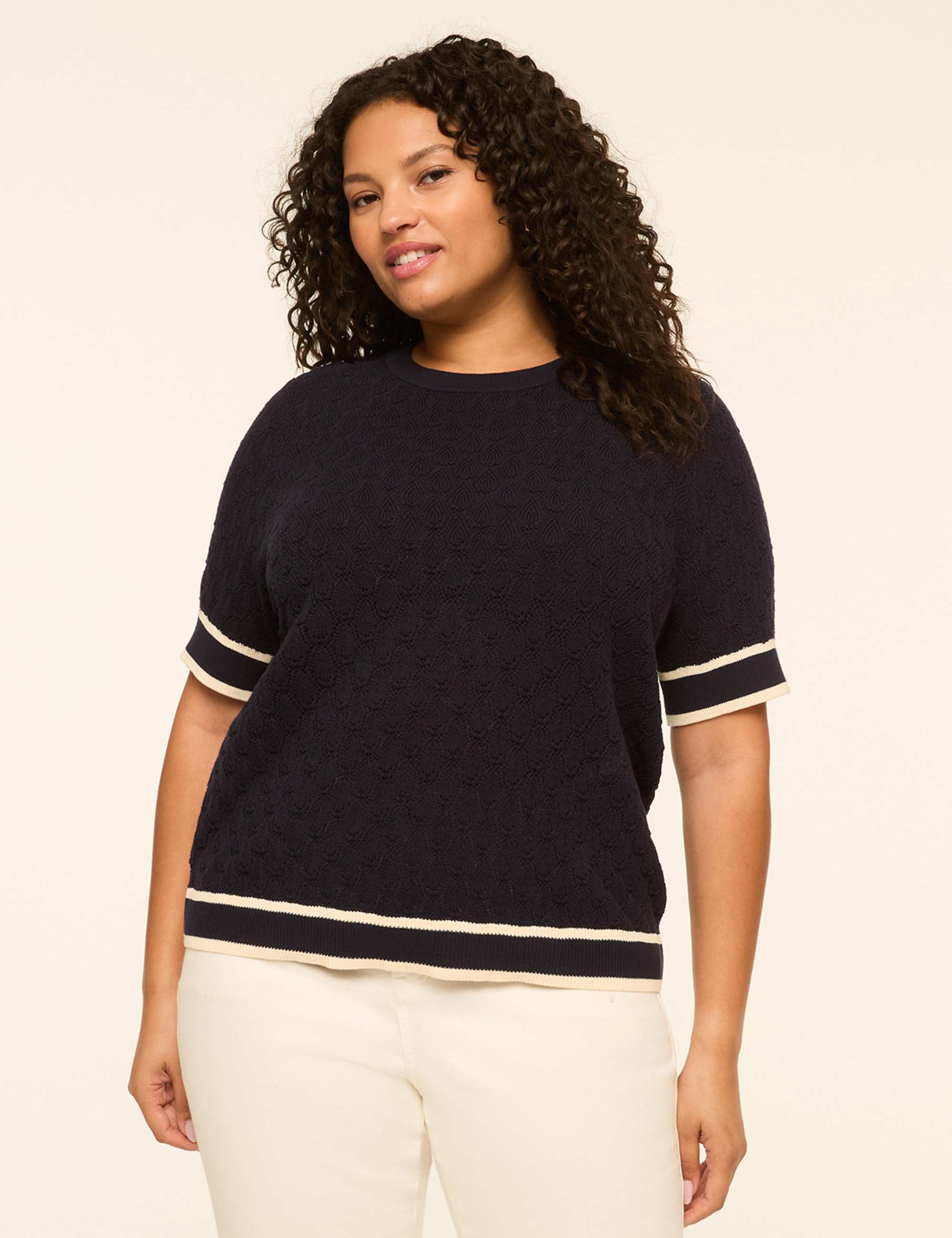 Short-Sleeve Pointelle-Stitch Sweater