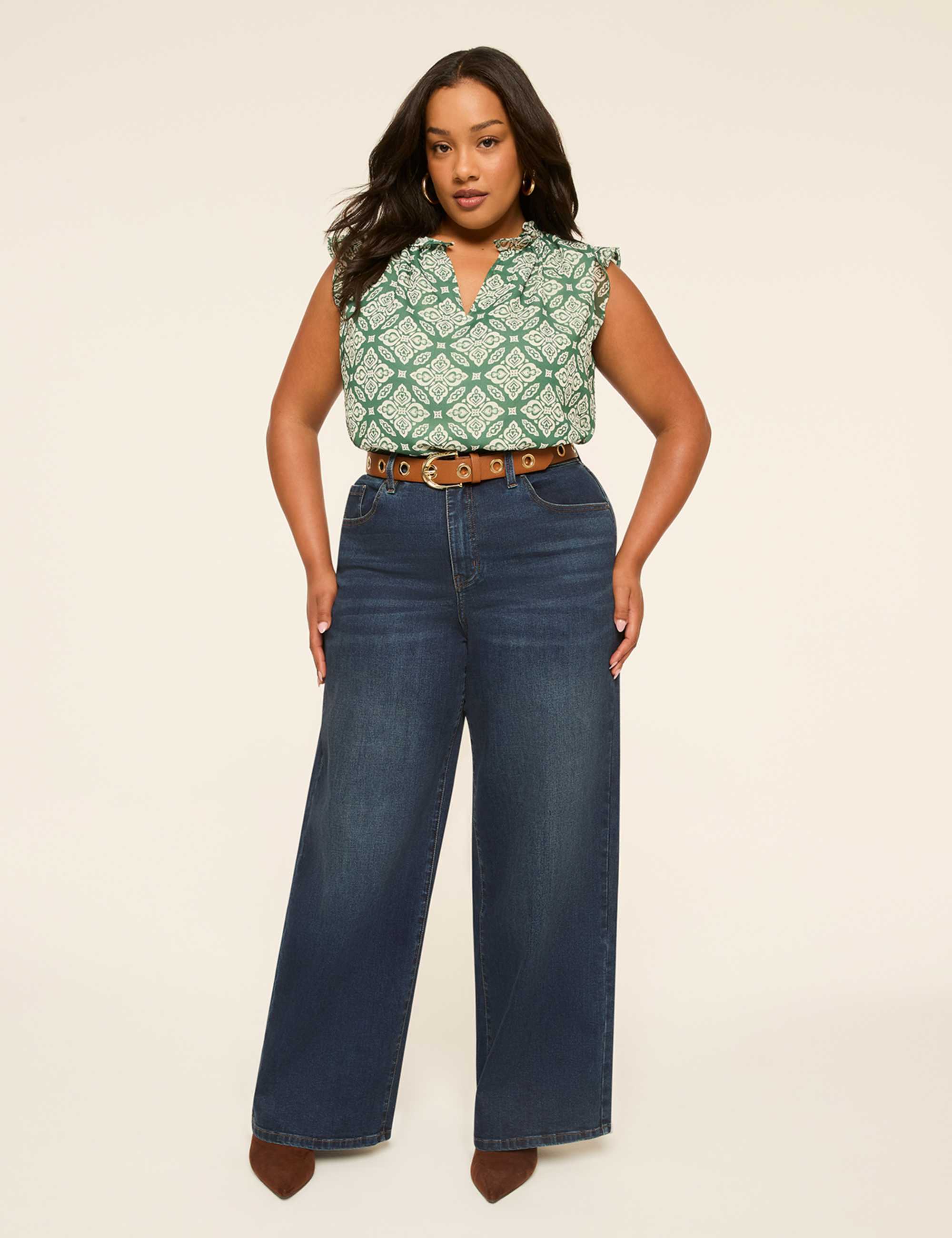 Ruffle-Sleeve Split-Neck Popover Blouse