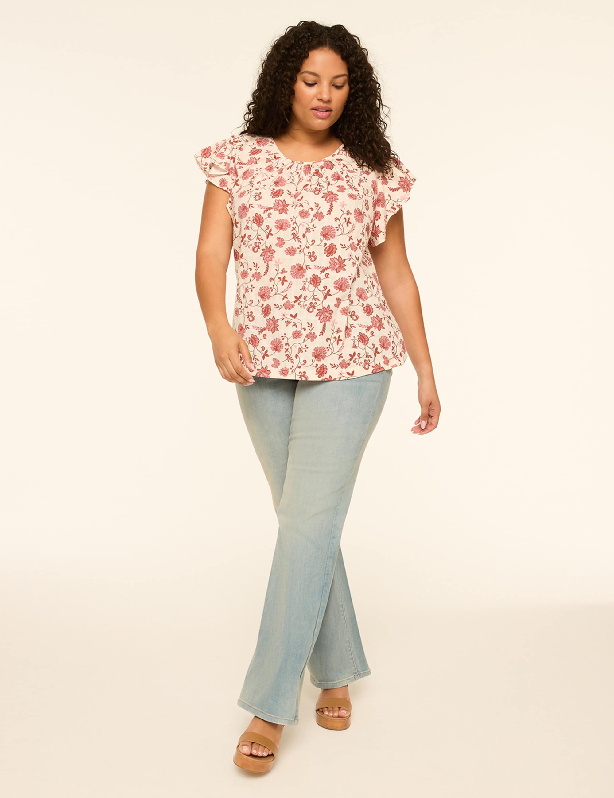 Flutter-Sleeve Scoop-Neck Popover Blouse