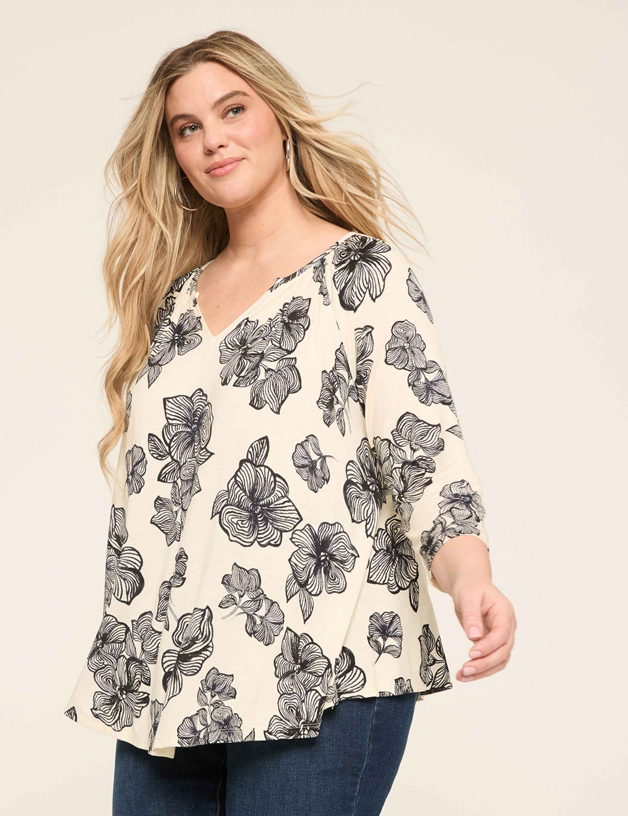 Swing 3/4-Sleeve Notch-Neck Top