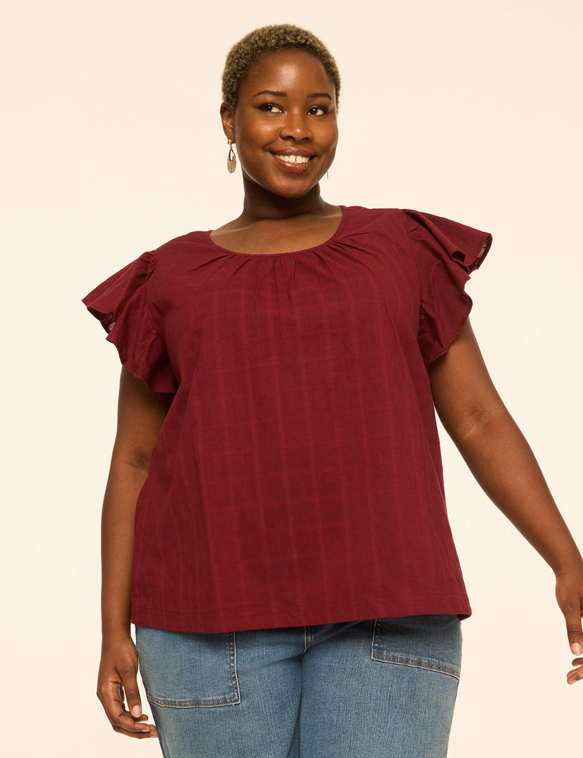Flutter-Sleeve Scoop-Neck Popover Blouse