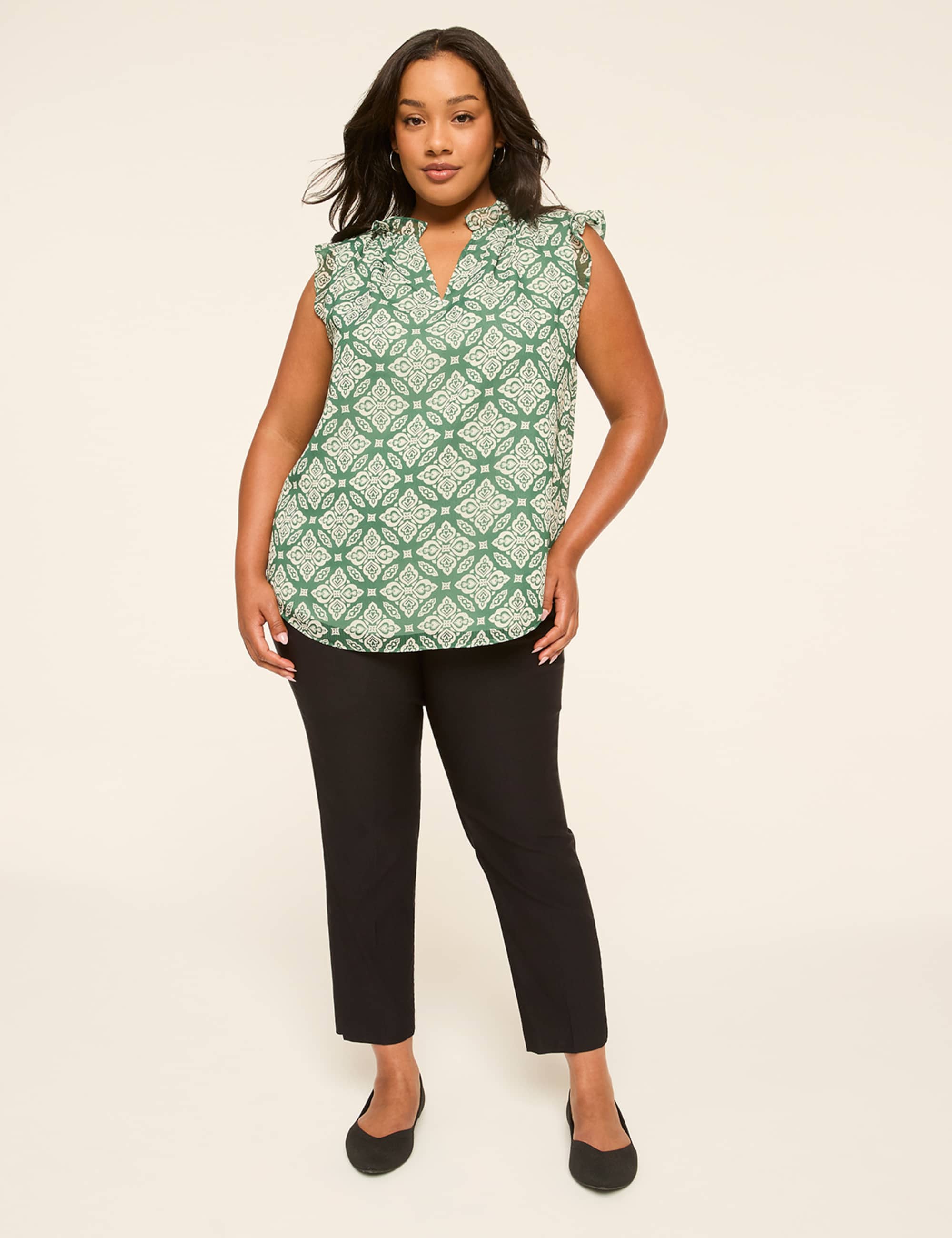 Ruffle-Sleeve Split-Neck Popover Blouse