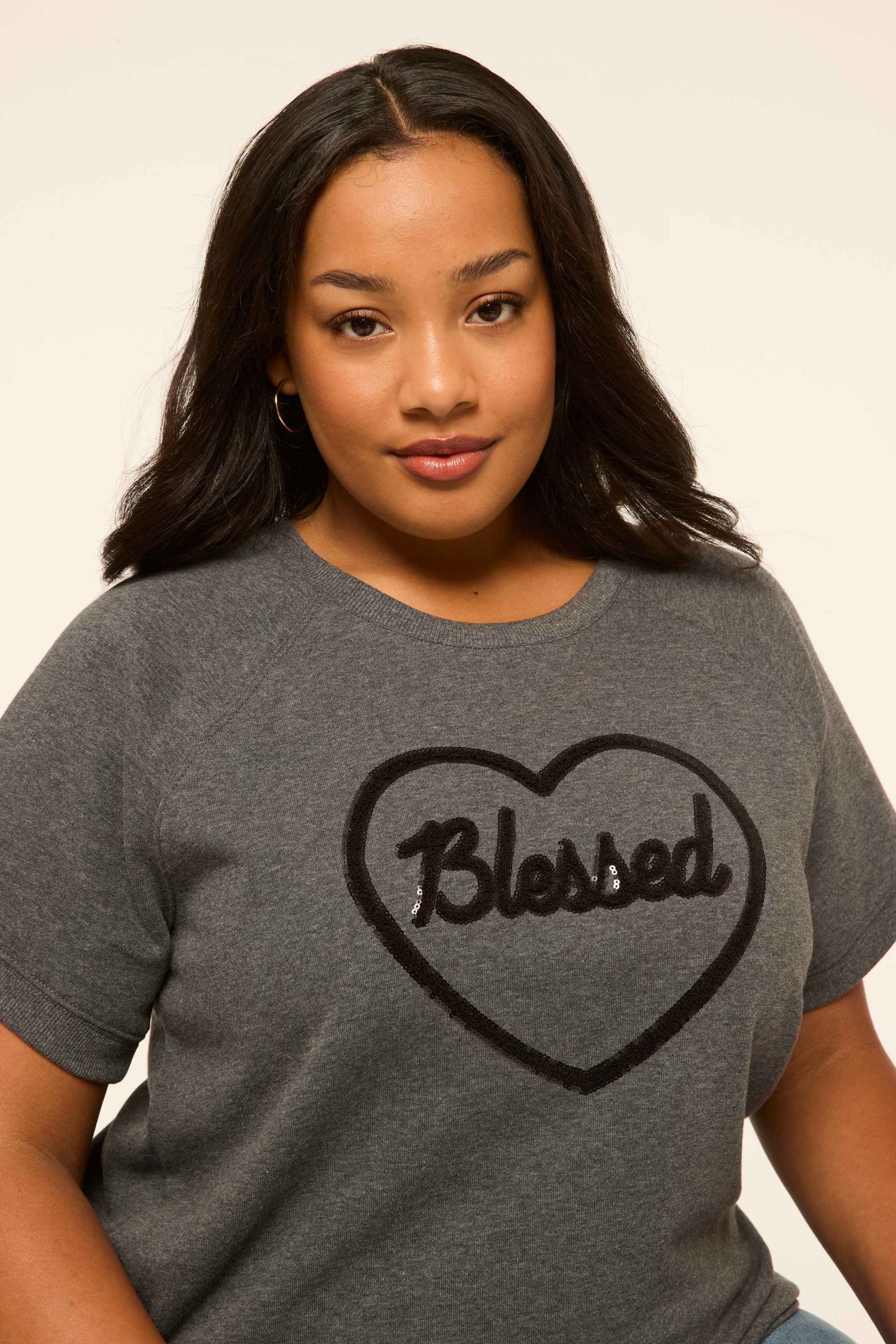 Chenille Blessed Heart Short-Sleeve Graphic Sweatshirt