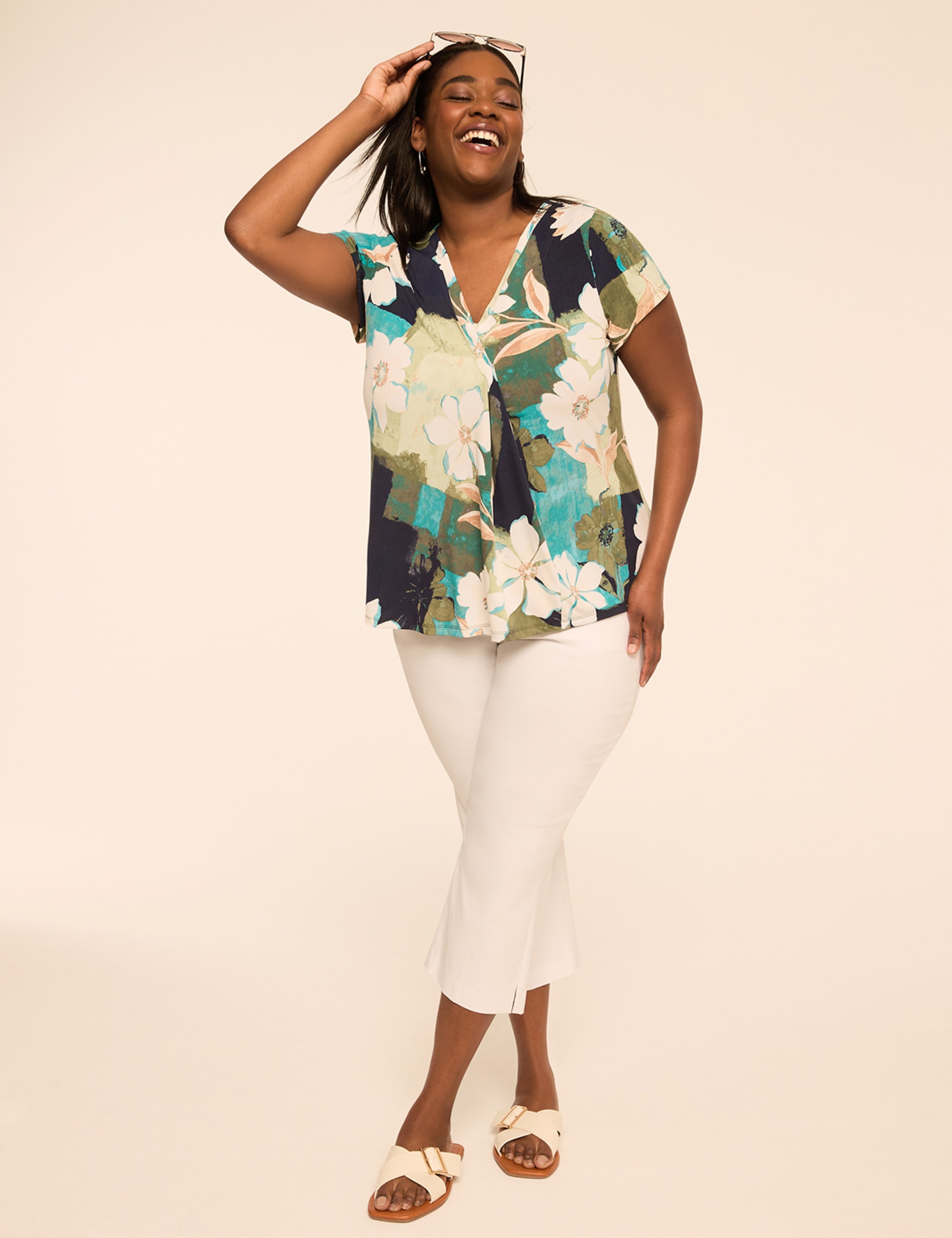 Swing Cap-Sleeve Pleat-Front Top