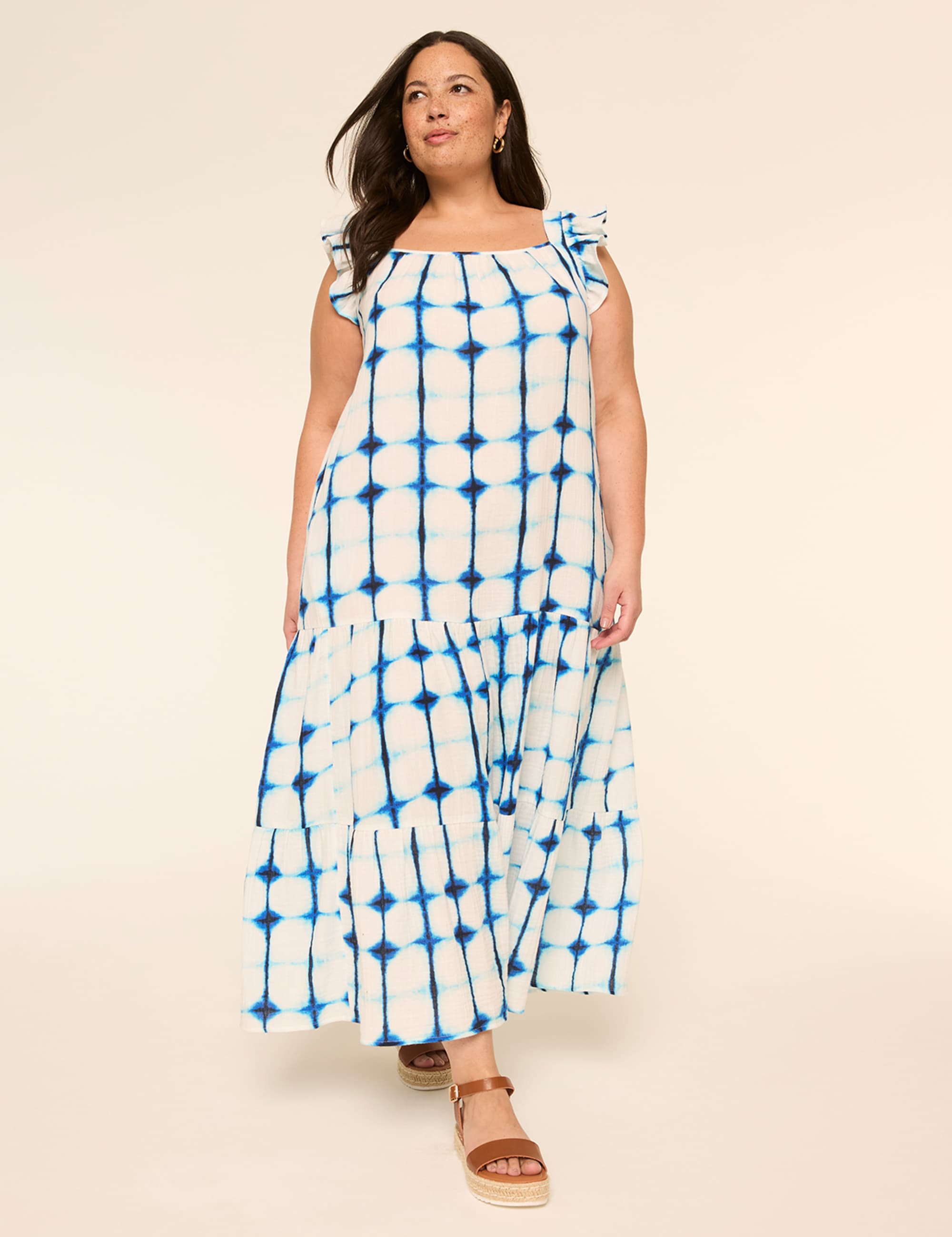Ruffle-Sleeve Tiered Gauze Maxi Dress