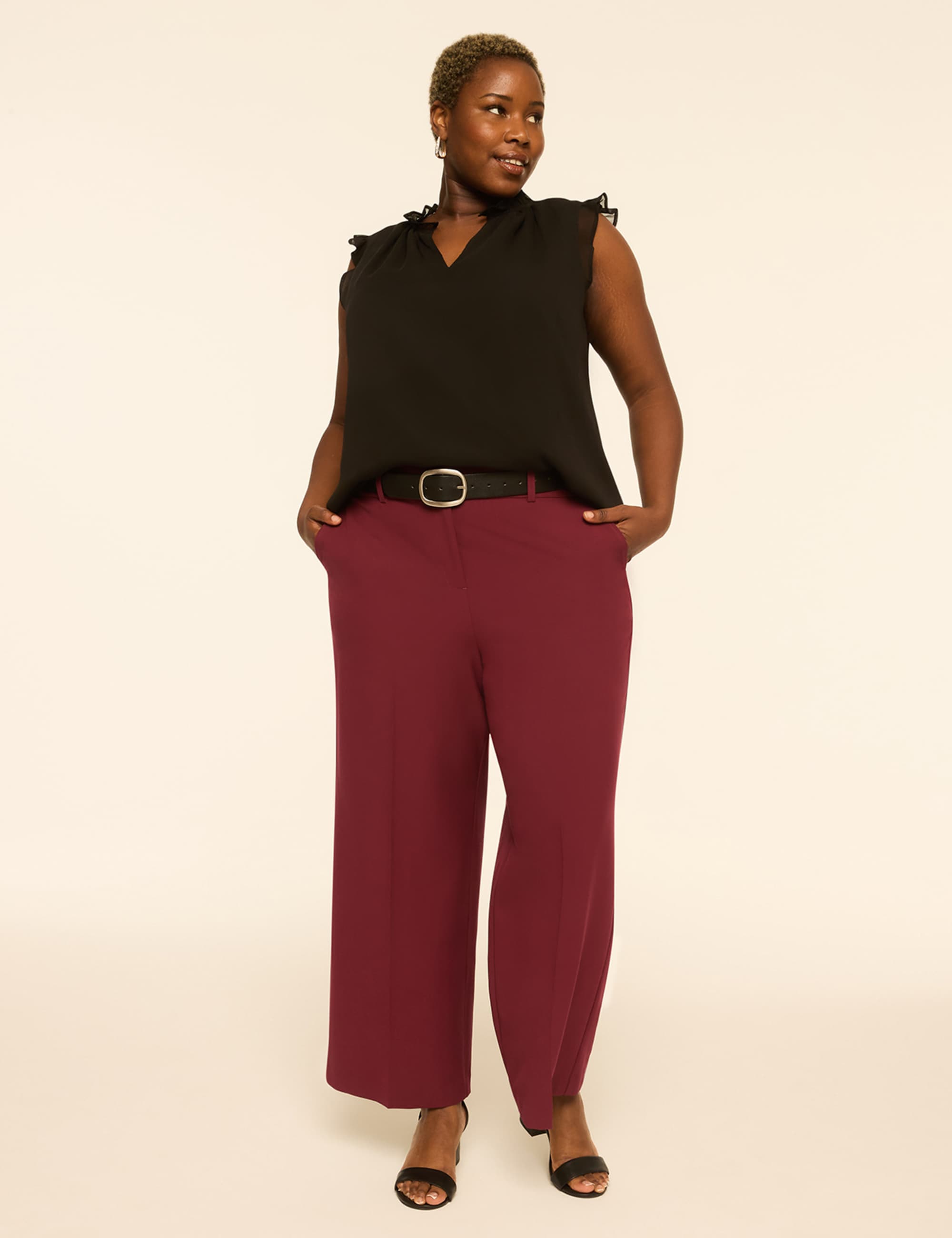 Ruffle-Sleeve Split-Neck Popover Blouse