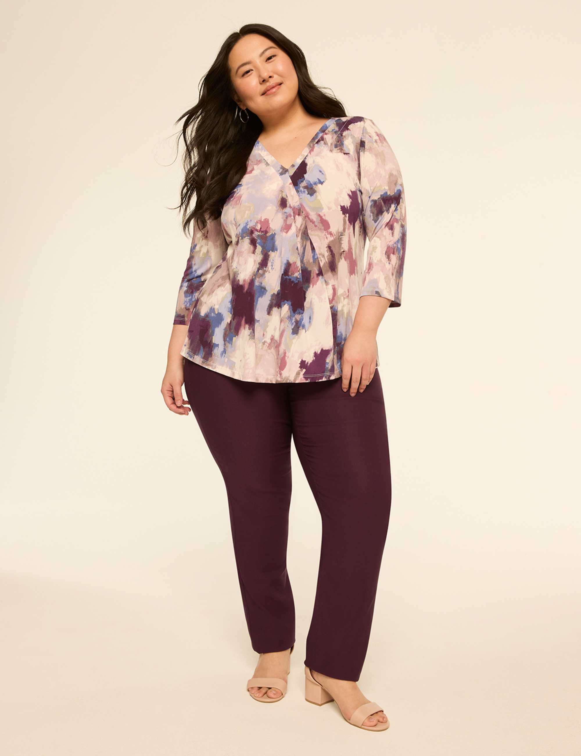 Swing 3/4-Sleeve Pleat-Front Top