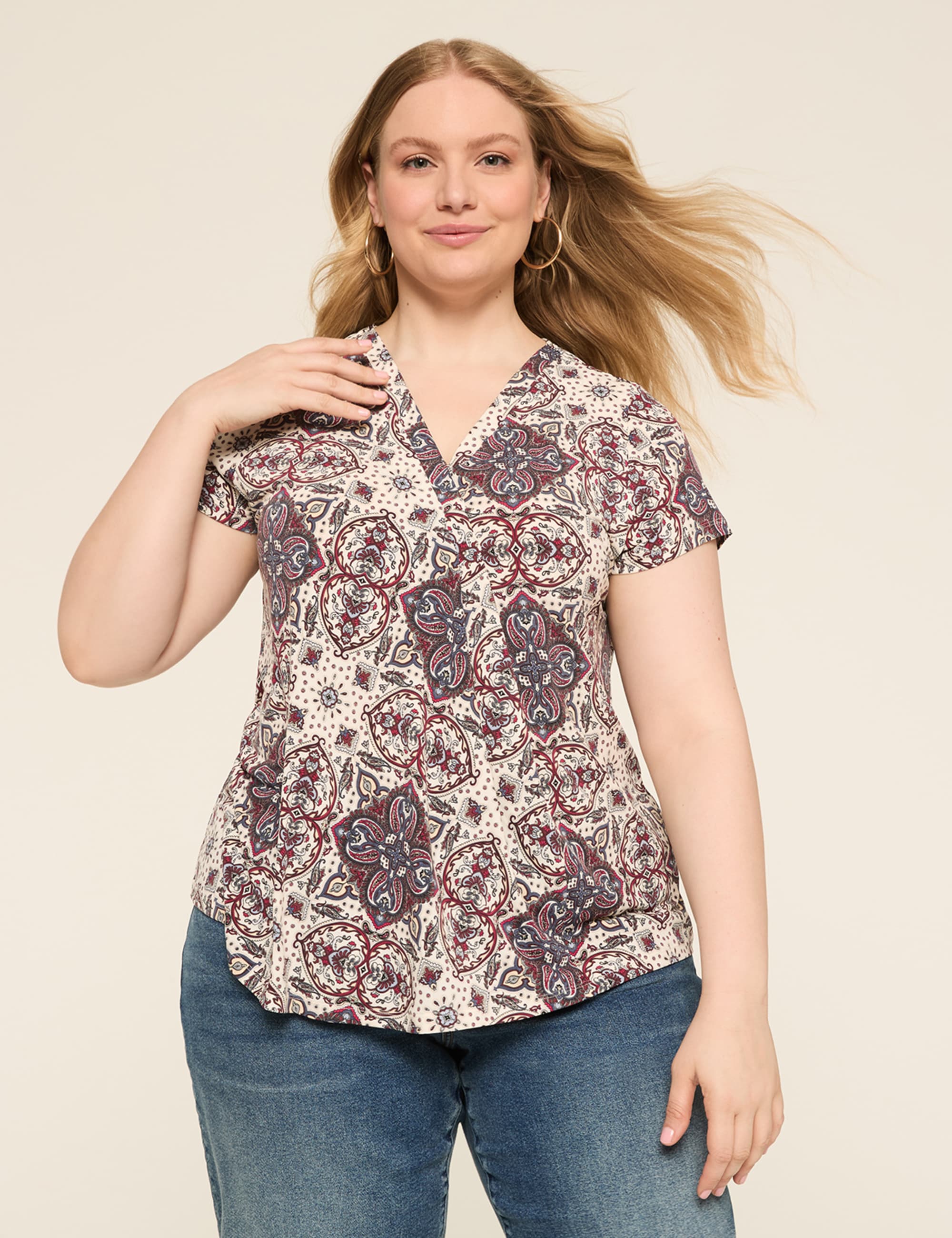 Cap-Sleeve Pleat-Front Top