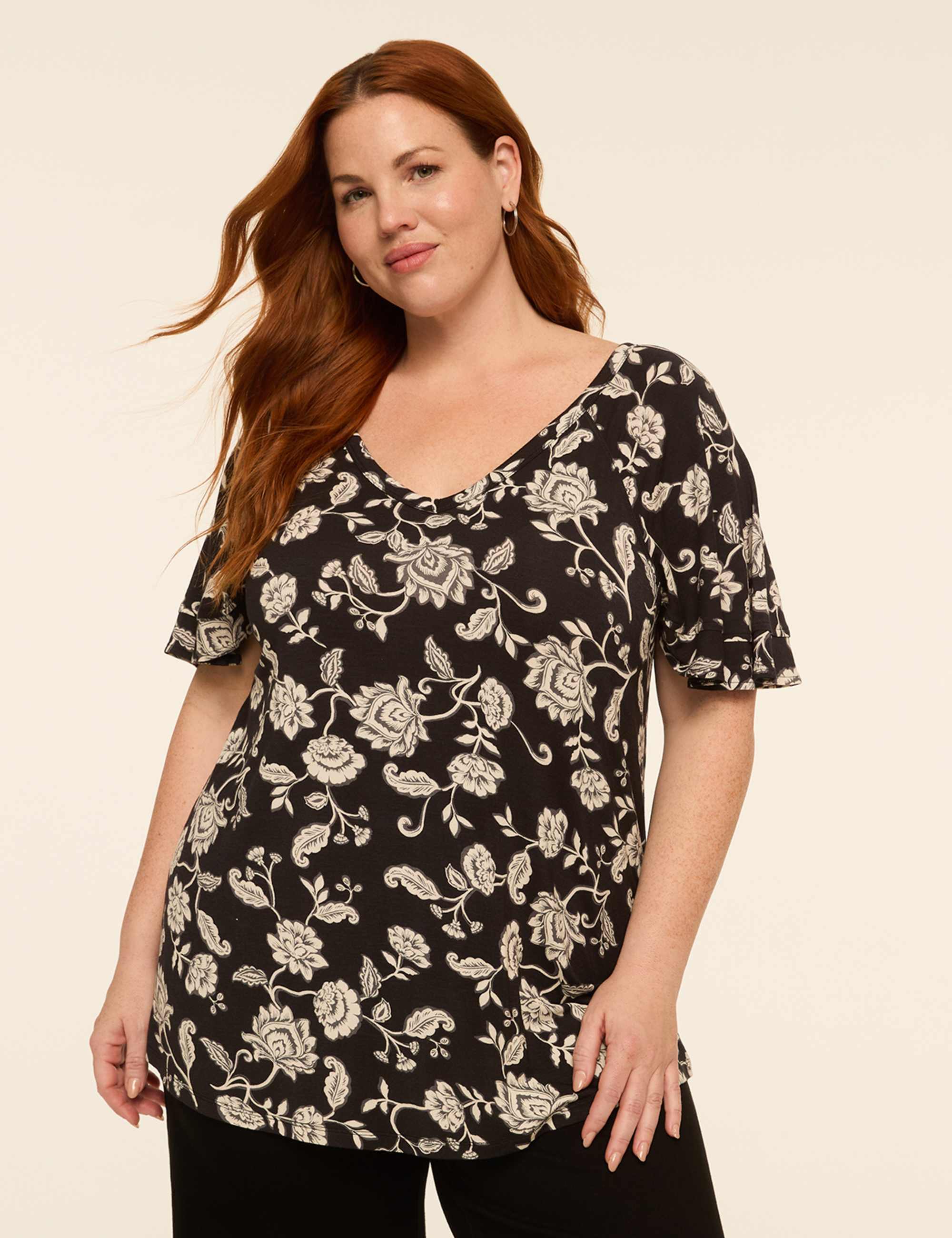 DreamFeel Double Flutter-Sleeve V-Neck Top