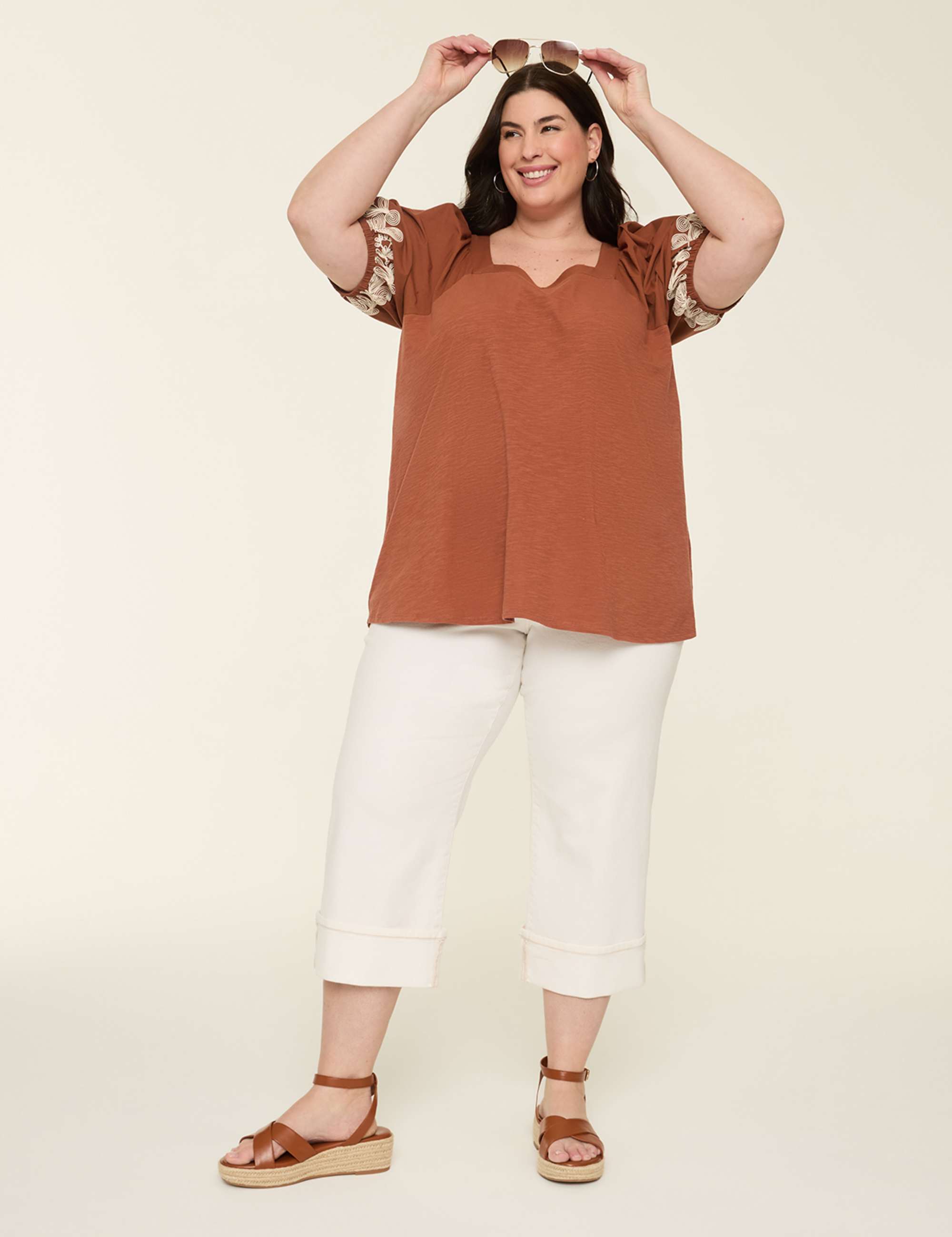Embroidered Puff-Sleeve Square-Neck Top
