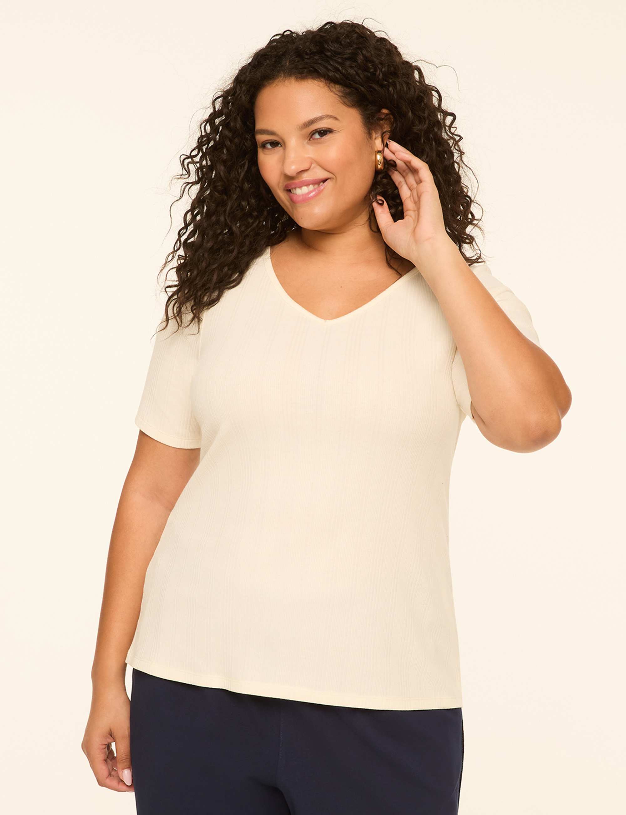Elbow-Sleeve V-Neck Rib Top
