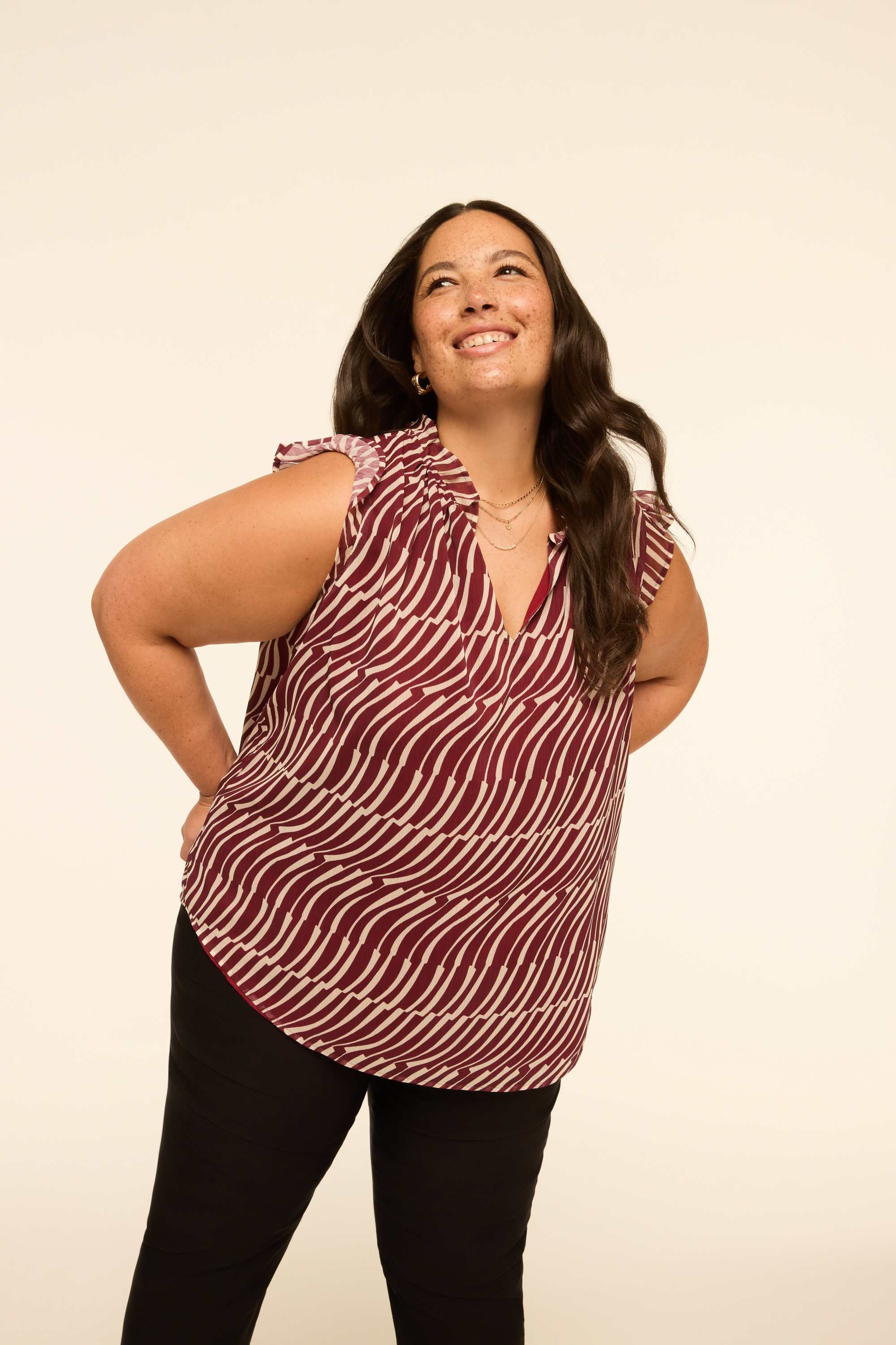 Ruffle-Sleeve Split-Neck Popover Blouse