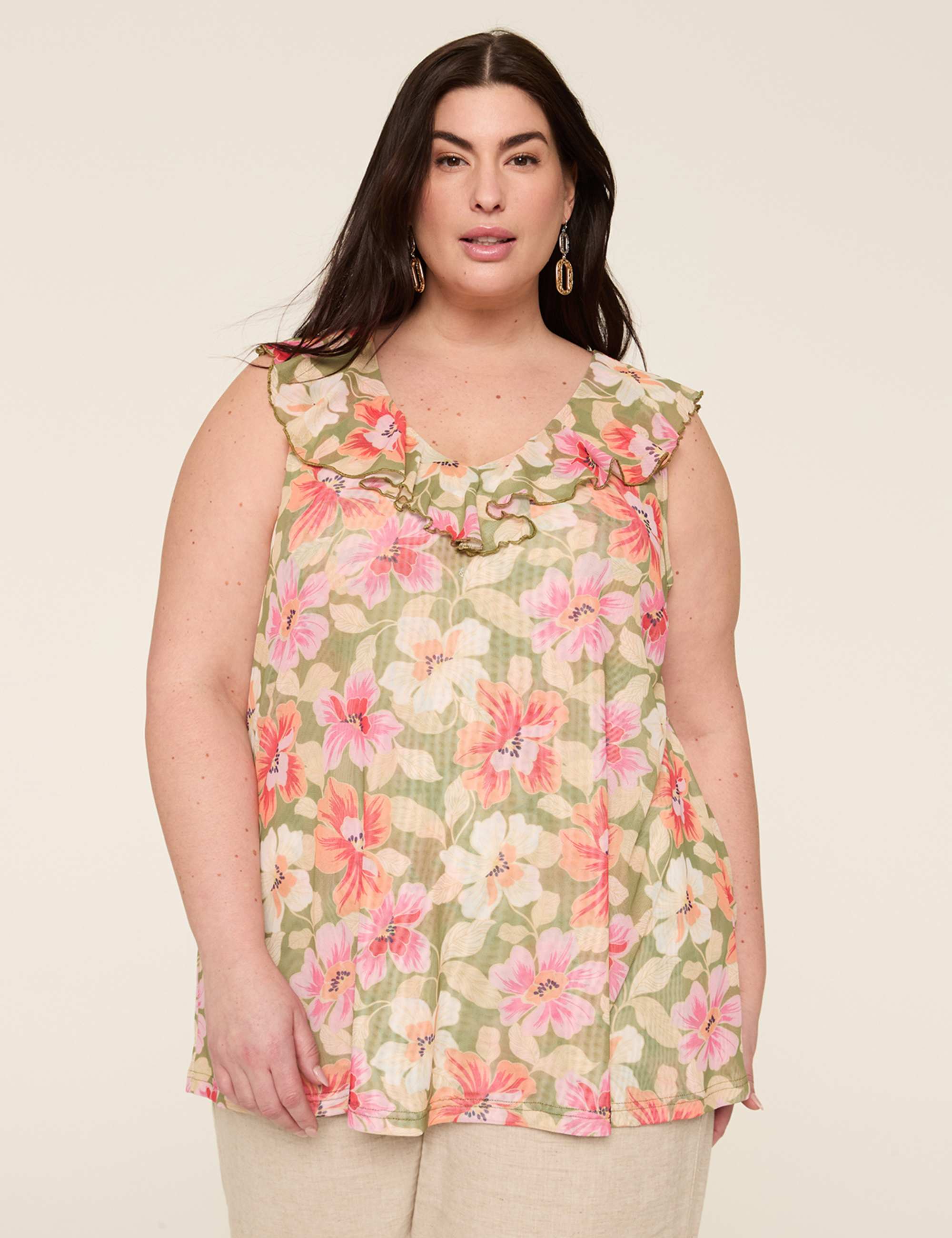Sleeveless Ruffle V-Neck Mesh Top