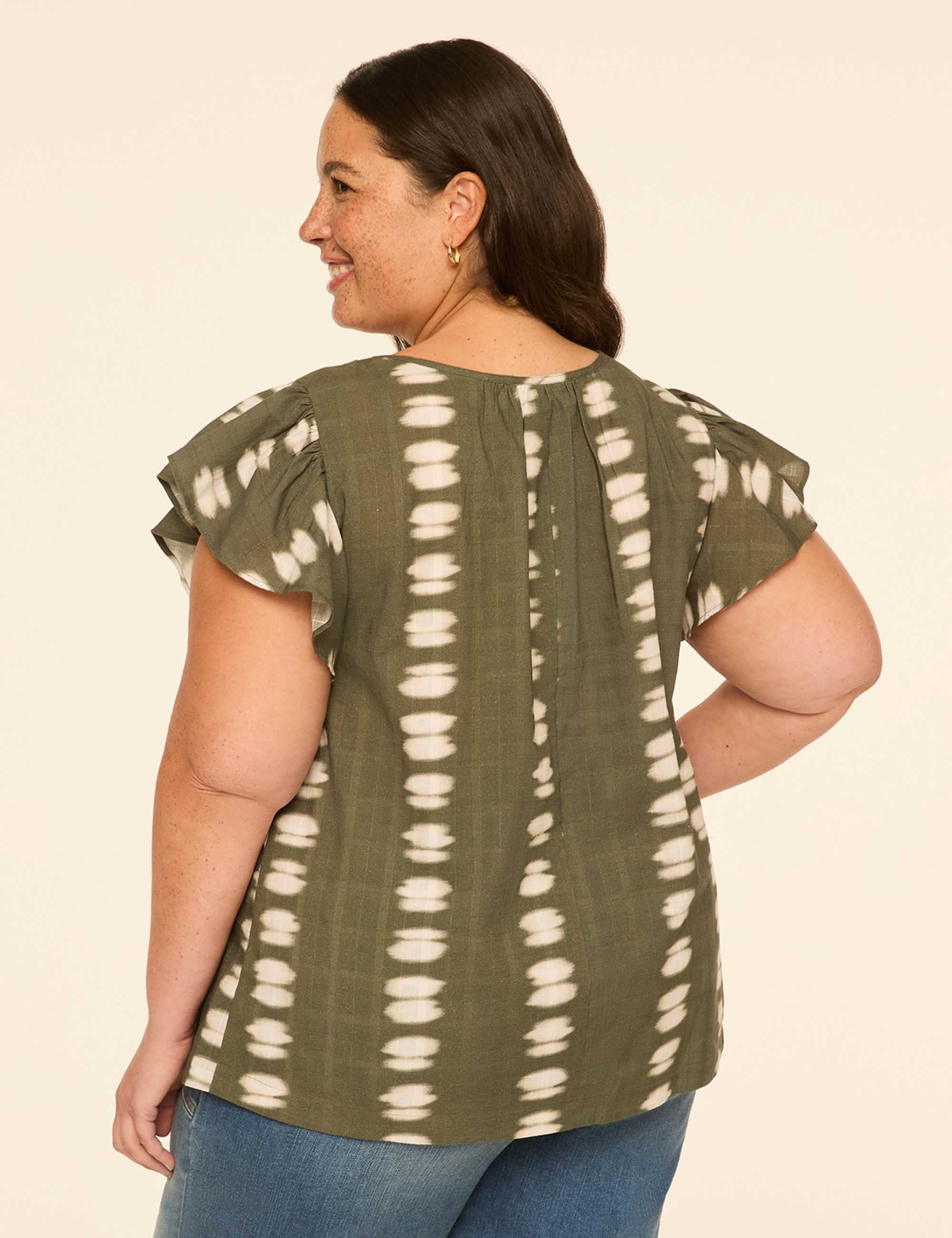 Flutter-Sleeve Scoop-Neck Popover Blouse
