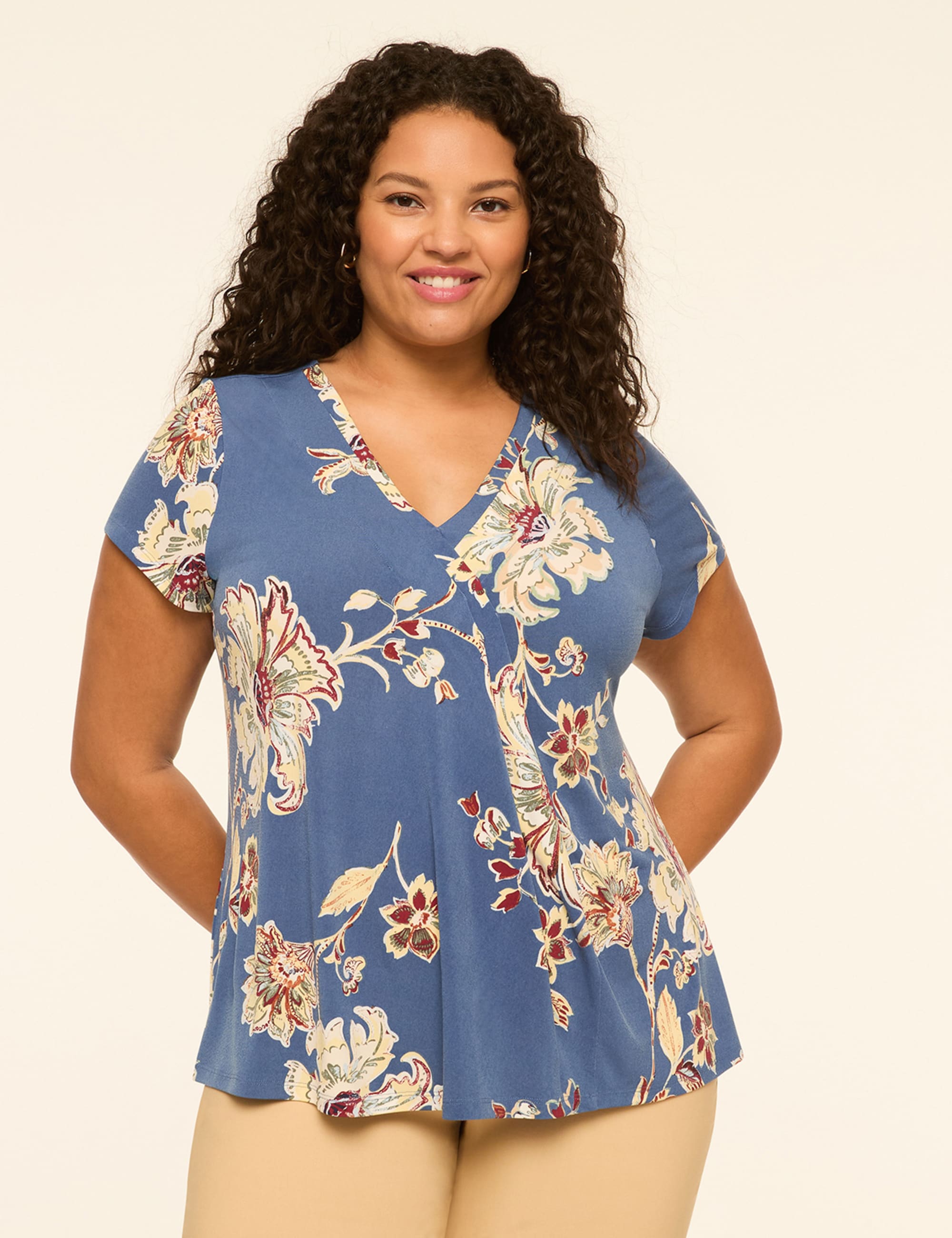 Swing Cap-Sleeve Pleat-Front Top