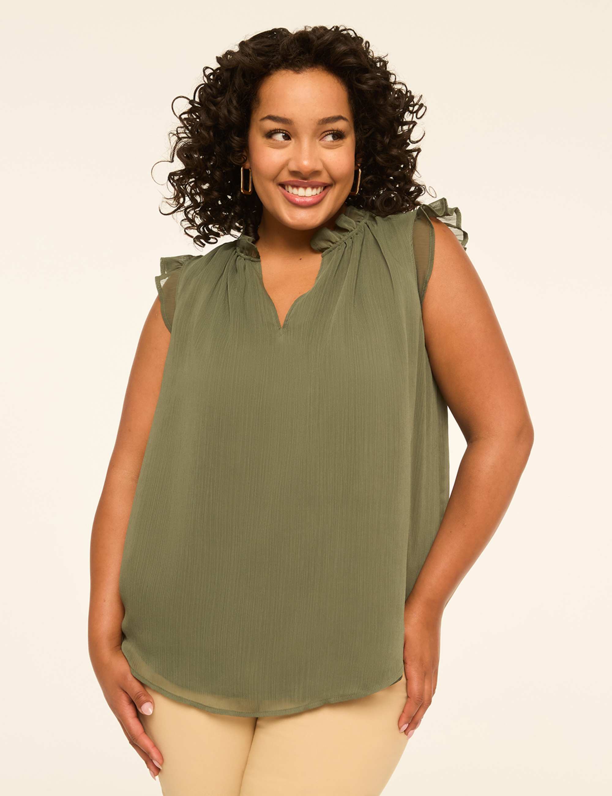 Ruffle-Sleeve Split-Neck Popover Blouse